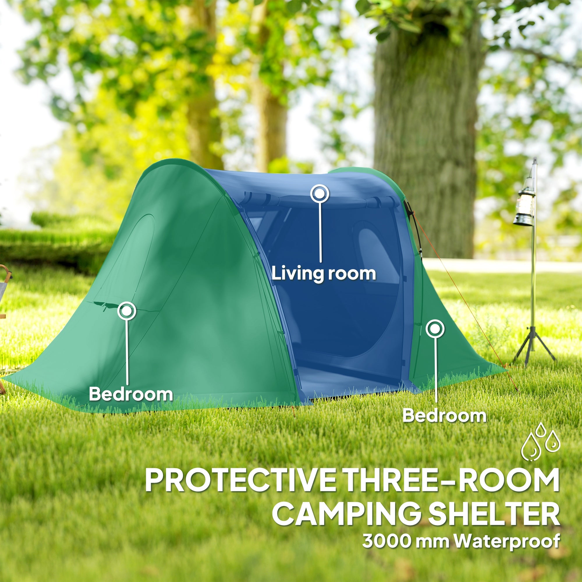 Outsunny 3 Man Camping Tent with Living Area and 2 Bedrooms, 3000mm Waterproof Family Tent with Sewn-in Groundsheet, Portable with Bag for Hiking, Festival, Backpacking, Drak Grey - North Peak Garden Furniture