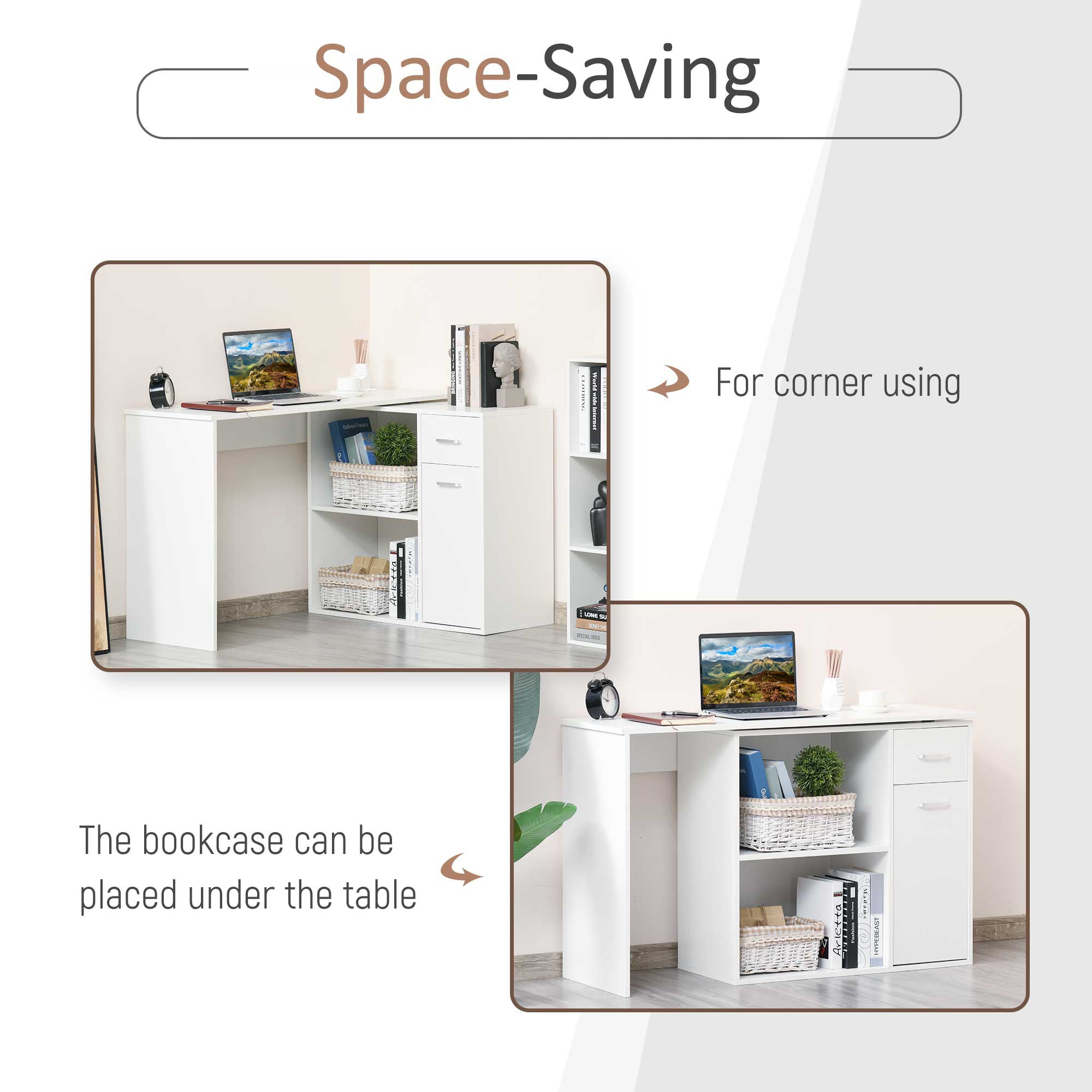 HOMCOM L-Shaped Desk, Corner Computer Desk, Adjustable Study Table with Storage Shelf, Drawer and Cabinet, Workstation for Home Office, White Wood Grain - North Peak Garden Furniture