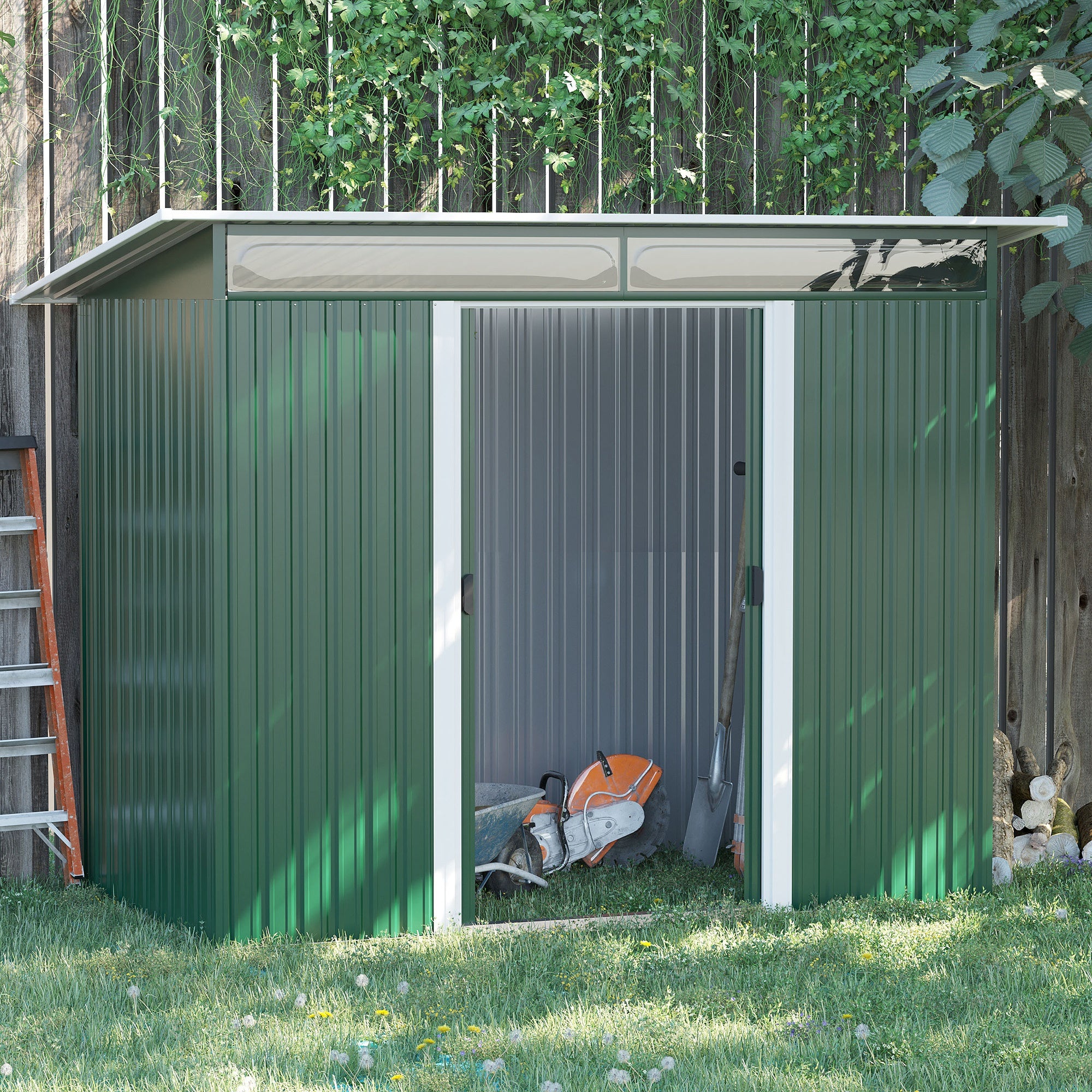 Outsunny Metal Garden Storage Shed, Tool Storage House with Double Sliding Doors and Lightsky Panels, 8.5 x 4ft - North Peak Garden Furniture