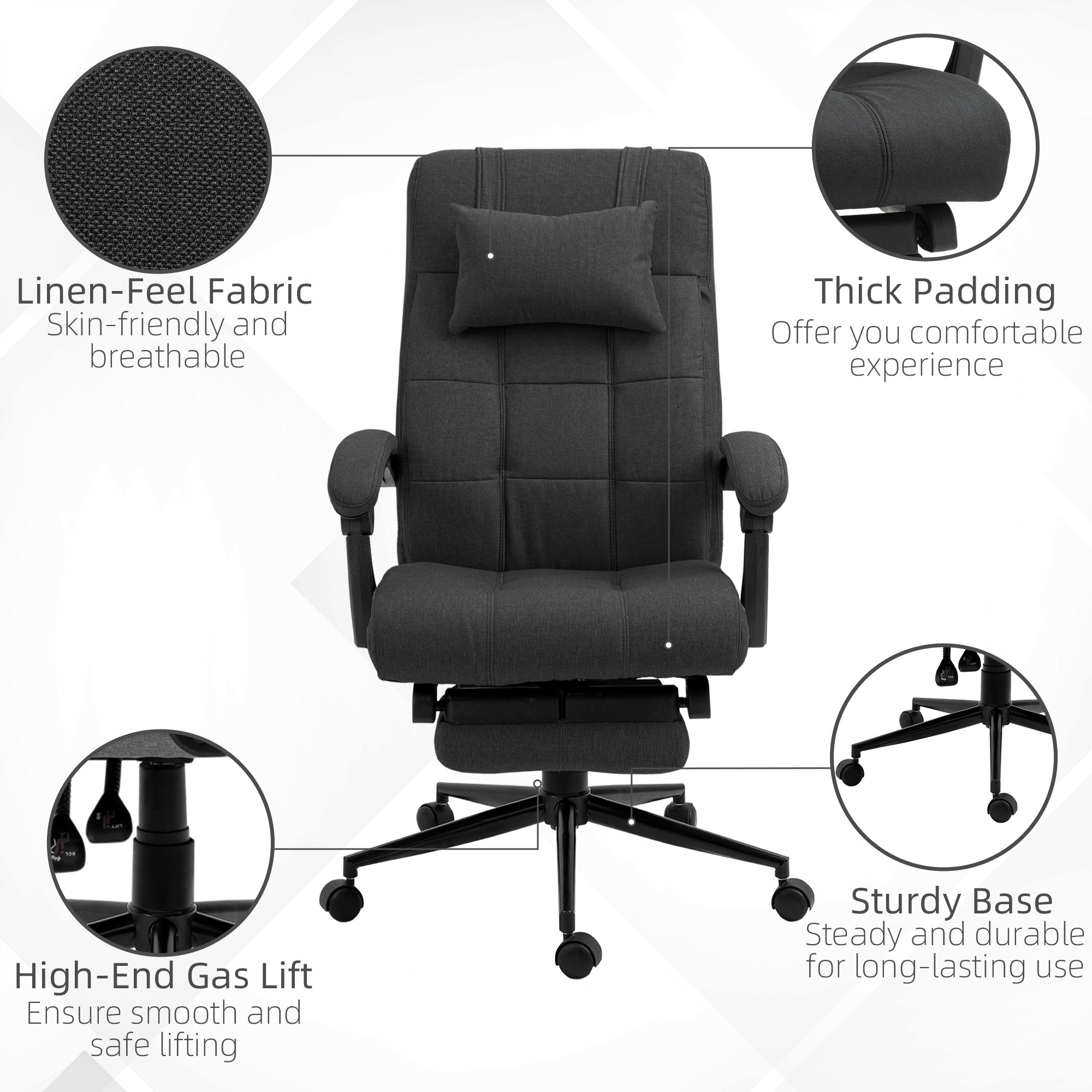 Vinsetto Office Desk Chair with Footrest, Headrest Pillow, Home Office Chair with Reclining Backrest, Swivel Wheels, Black