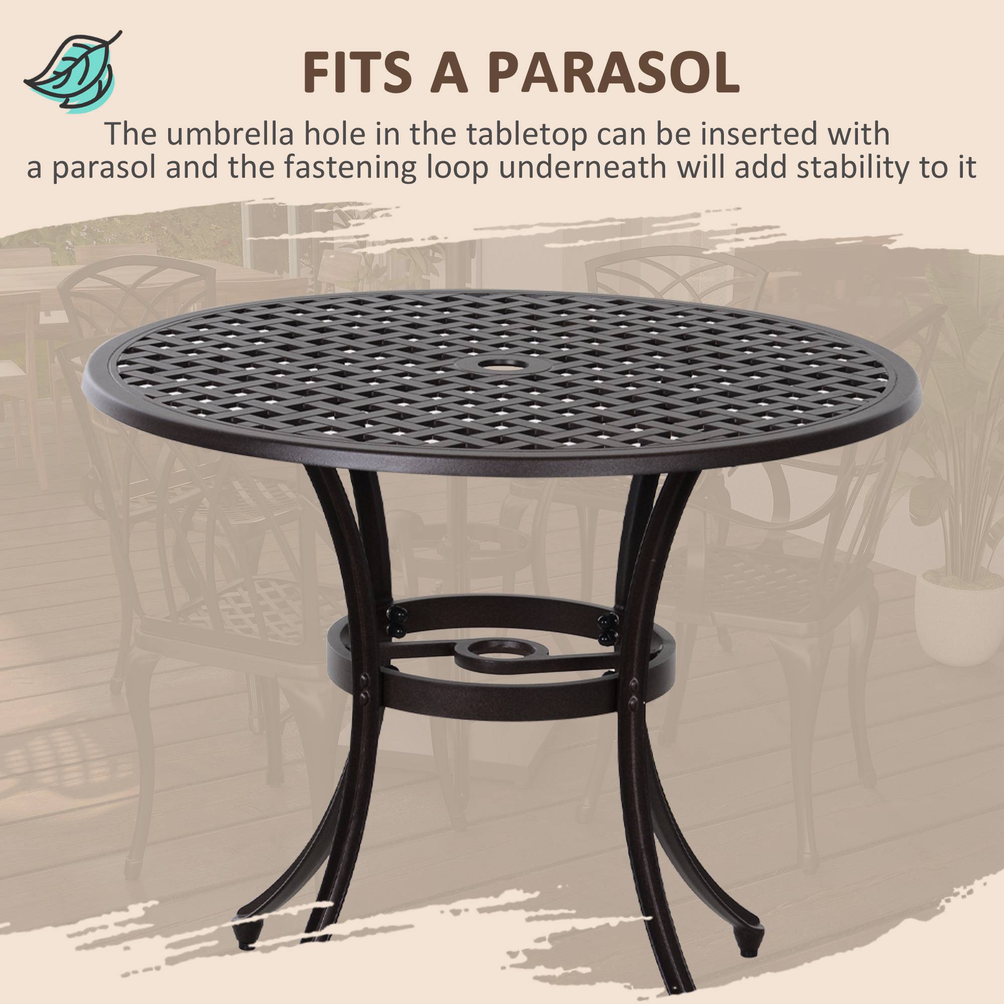 Outsunny 5 Pieces Outdoor Dining Table Set, Cast Aluminium Patio Conversation Furniture Set with 4 Armchairs, a Round Dining Table with Parasol Hole, Brown - North Peak Garden Furniture