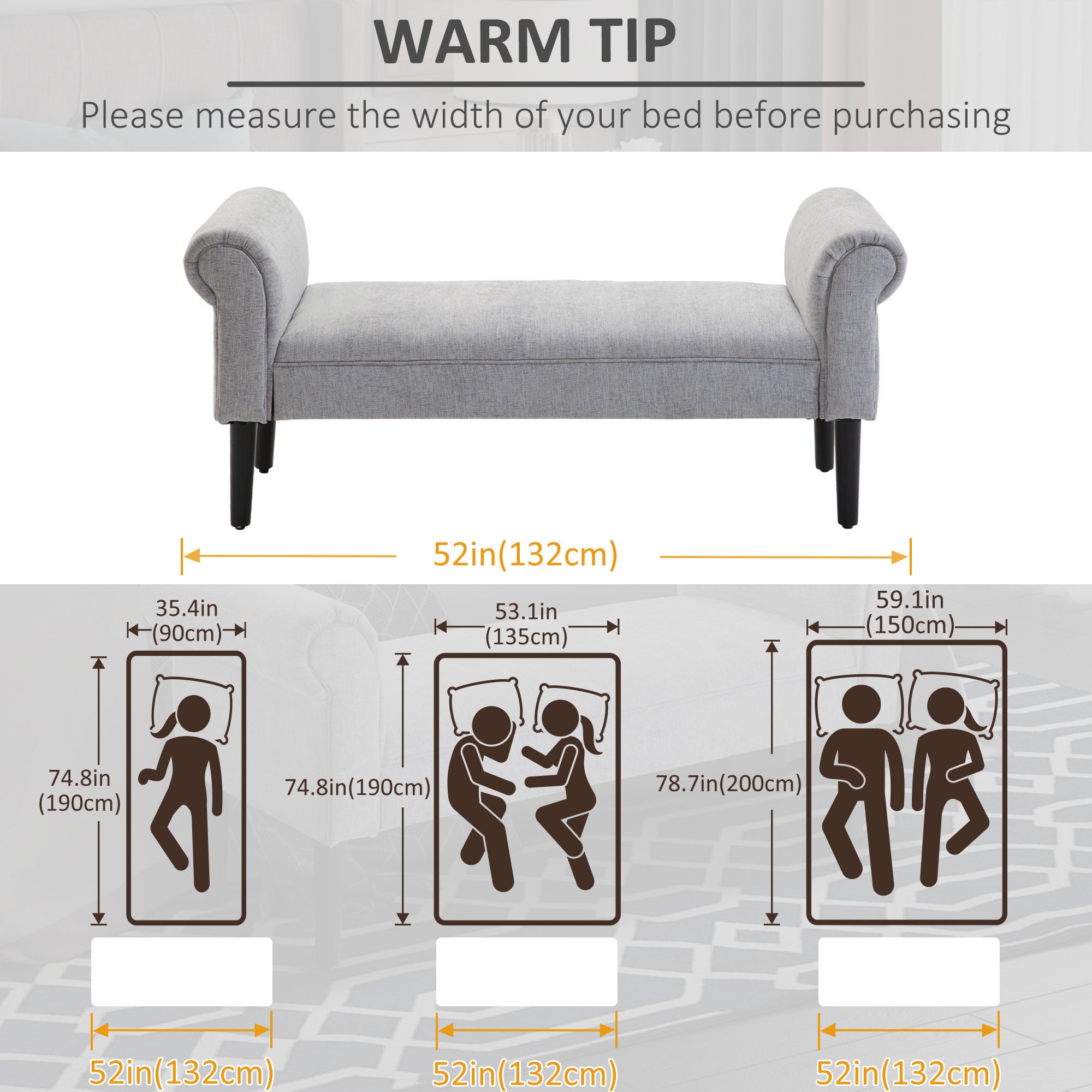 HOMCOM Bed End Side Chaise Lounge Sofa Window Seat Arm Bench Wooden Leg Linen Fabric Cover Light Grey - North Peak Garden Furniture