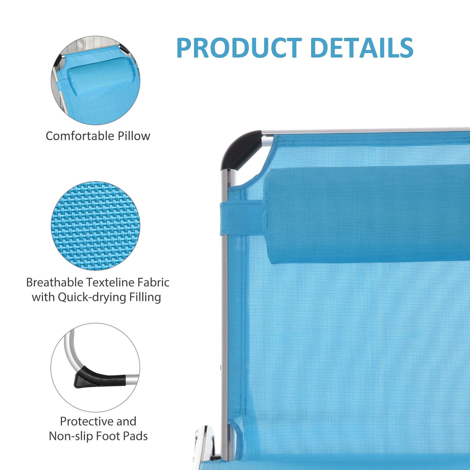 Outsunny Foldable Outdoor Sun Lounger, Reclining Lounge Chair Camping Bed Cot with Pillow 4-Level Adjustable Back Aluminium Frame, Blue - North Peak Garden Furniture