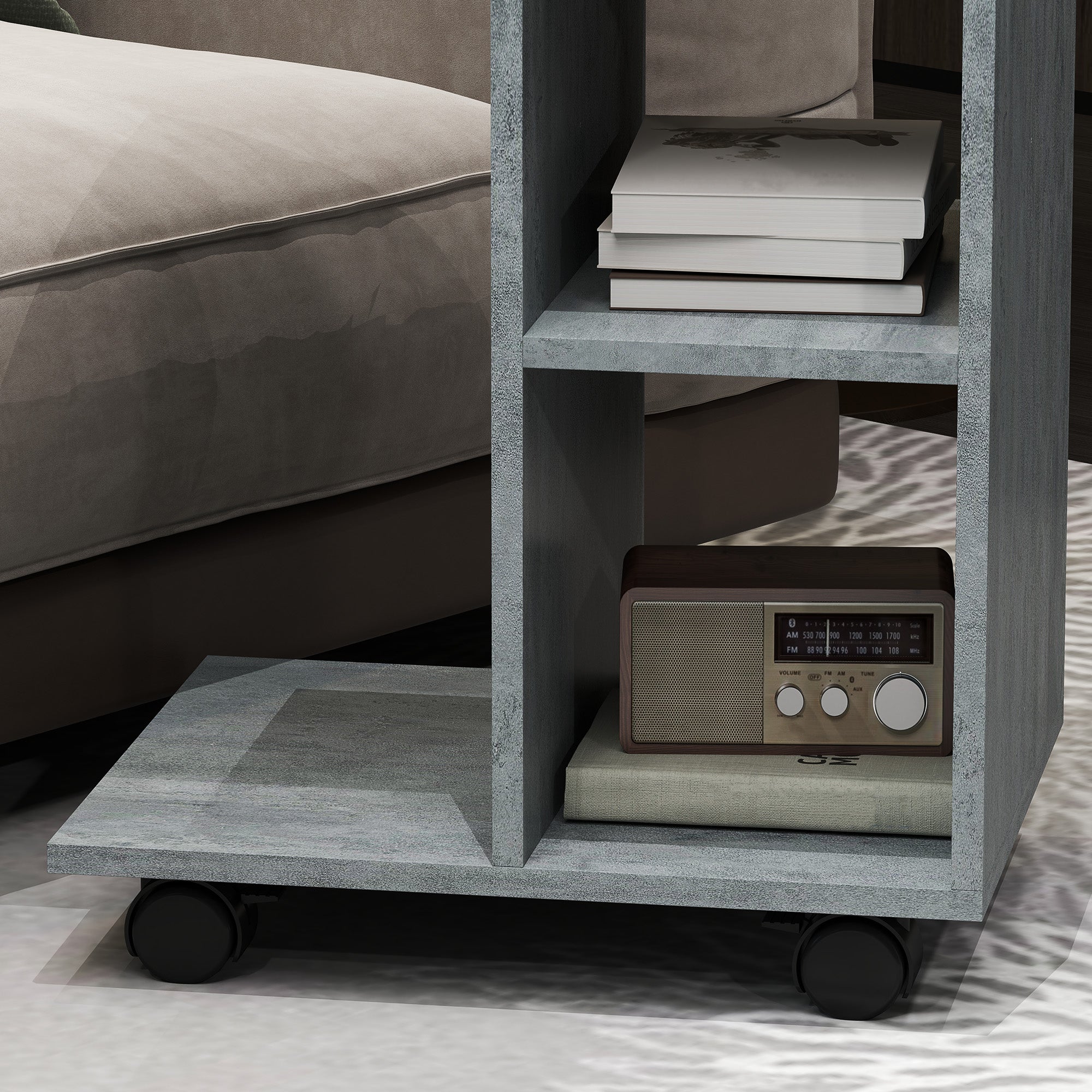 HOMCOM C-Shape End Table Unique Storage Unit w/ 2 Shelves 4 Wheels Freestanding Home Office Furniture Cabinet Square Studio Grey - North Peak Garden Furniture