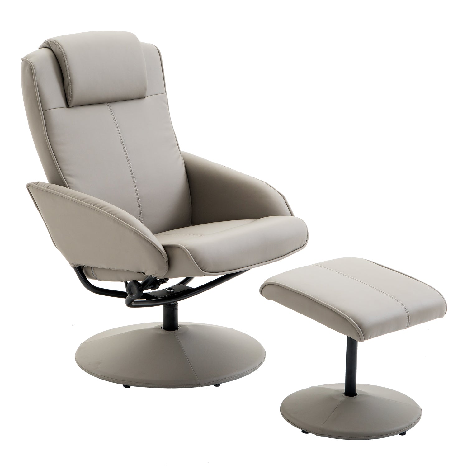HOMCOM Recliner Chair and Footstool, Swivel PU Leather Upholstered Armchair with Footstool and Adjustable Backrest for Living Room, Bedroom, Grey - North Peak Garden Furniture