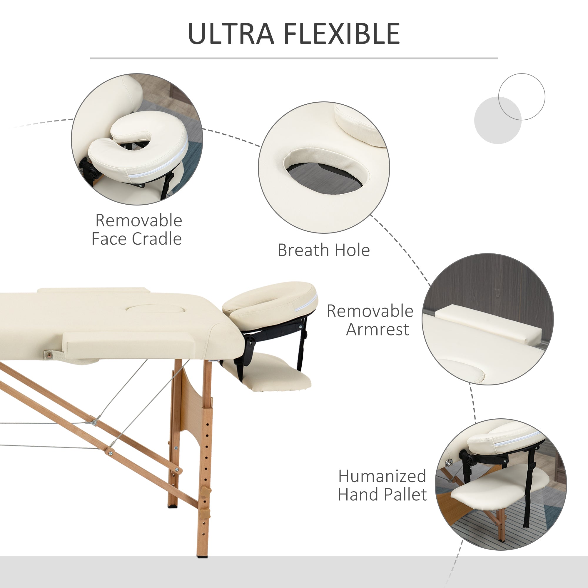 HOMCOM Portable Massage Bed, Folding Spa Beauty Massage Table with 2 Sections, Carry Bag and Wooden Frame, Cream - North Peak Garden Furniture