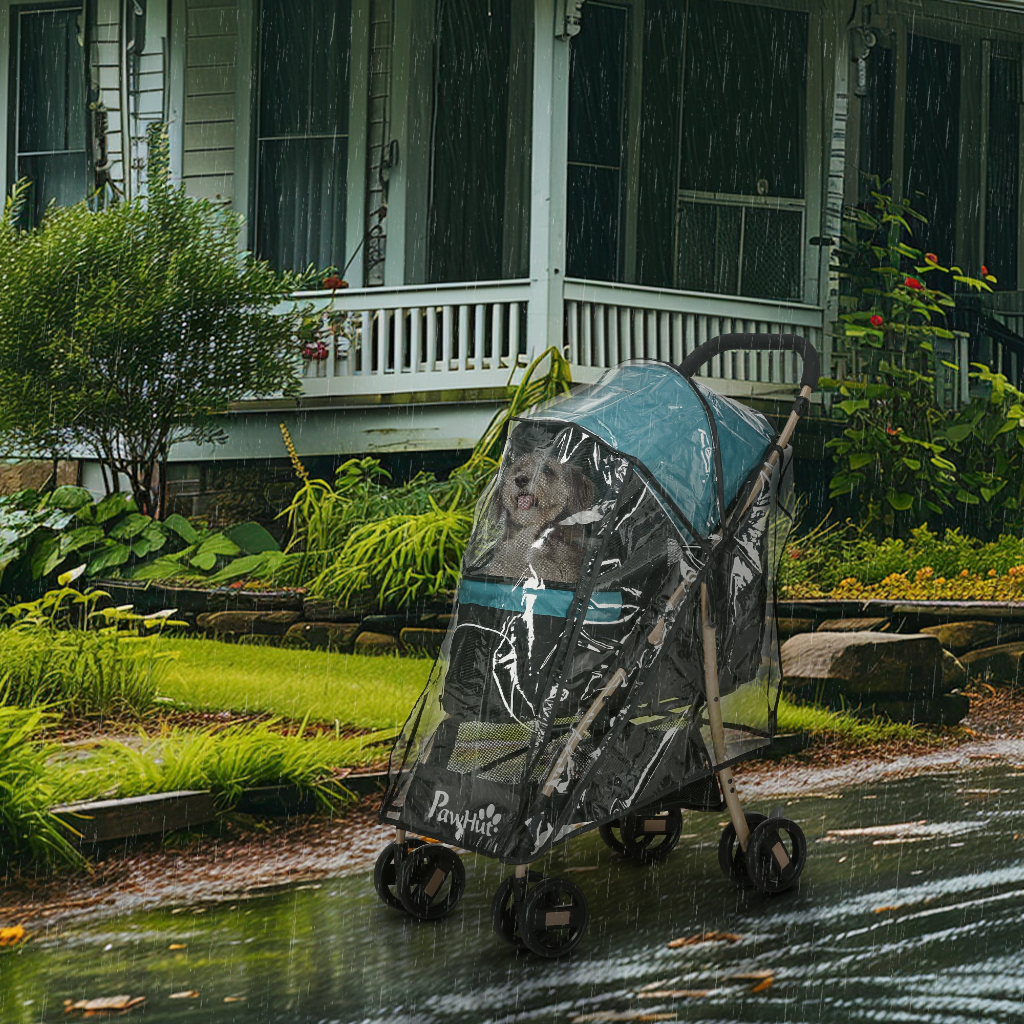 PawHut Pet Stroller for Small and Miniature Dogs, with Rain Cover - Dark Green - North Peak Garden Furniture