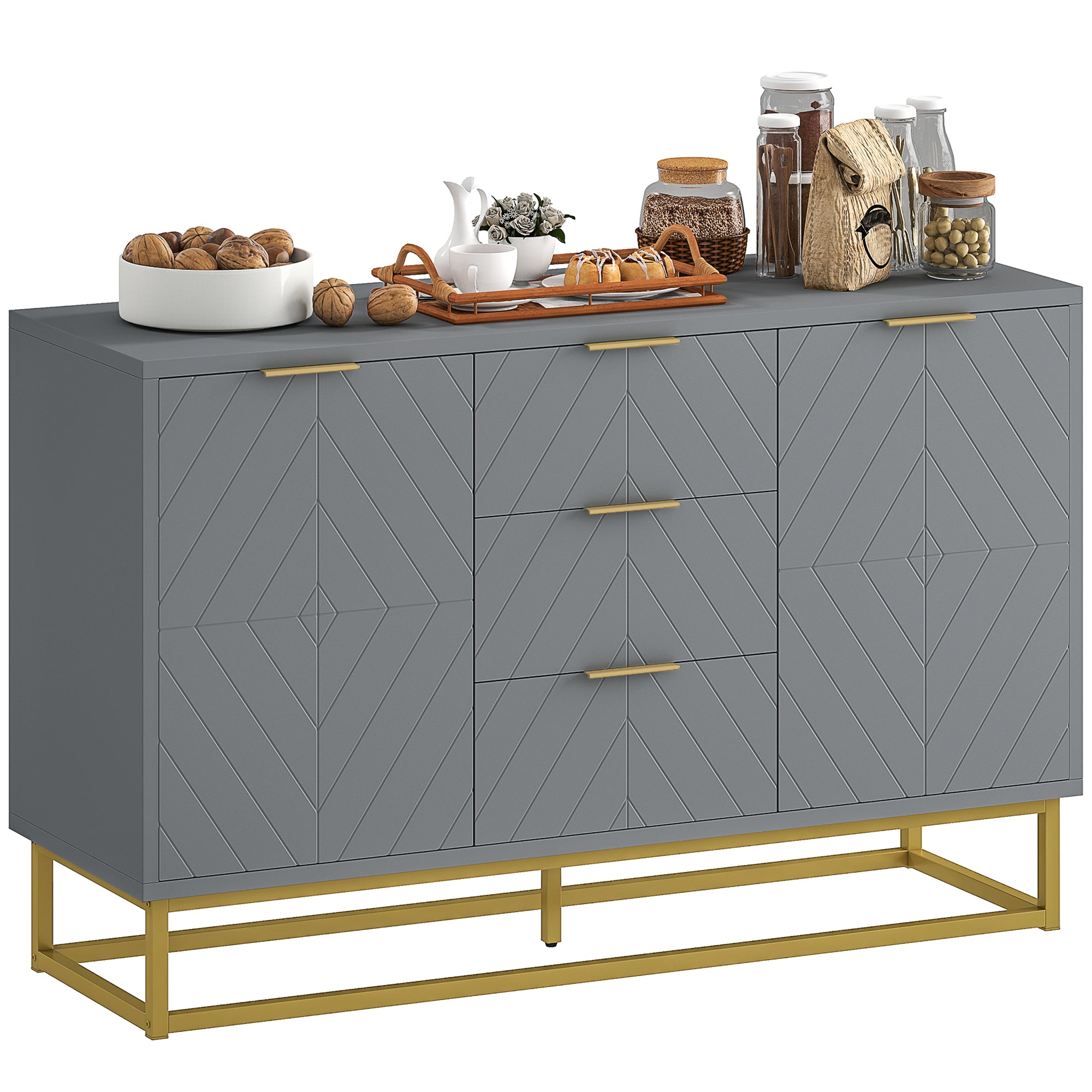 HOMCOM Sideboard with 3 Drawers and Adjustable Shelves for Living Room - Grey