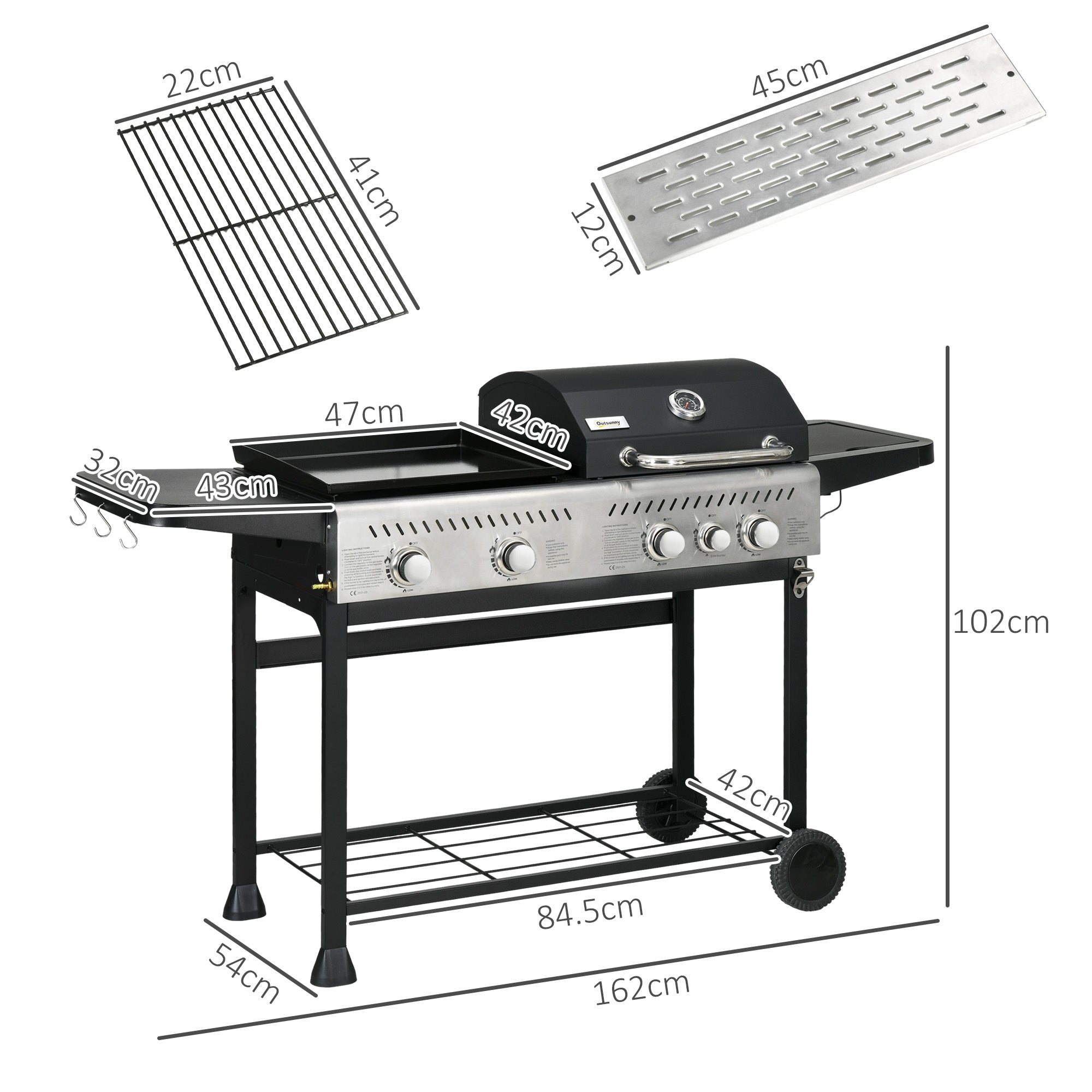 Outsunny 15kW Deluxe Duo Gas BBQ, with Grill, Plancha and Side Burner - Black - North Peak Garden Furniture