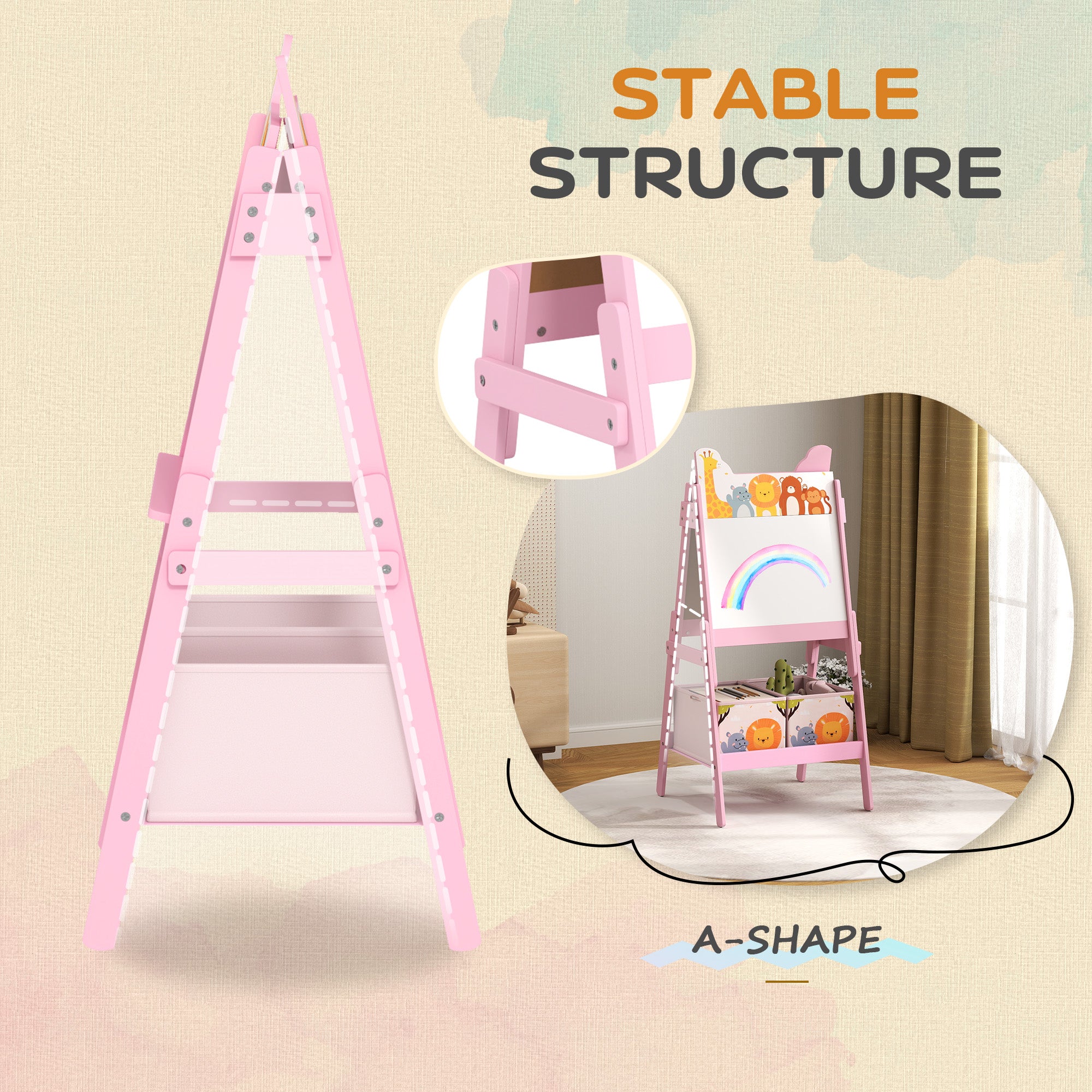 AIYAPLAY 2 in 1 Kids Easel with Whiteboard, Chalkboard, Storage Boxes, for 3-8 Years, Pink