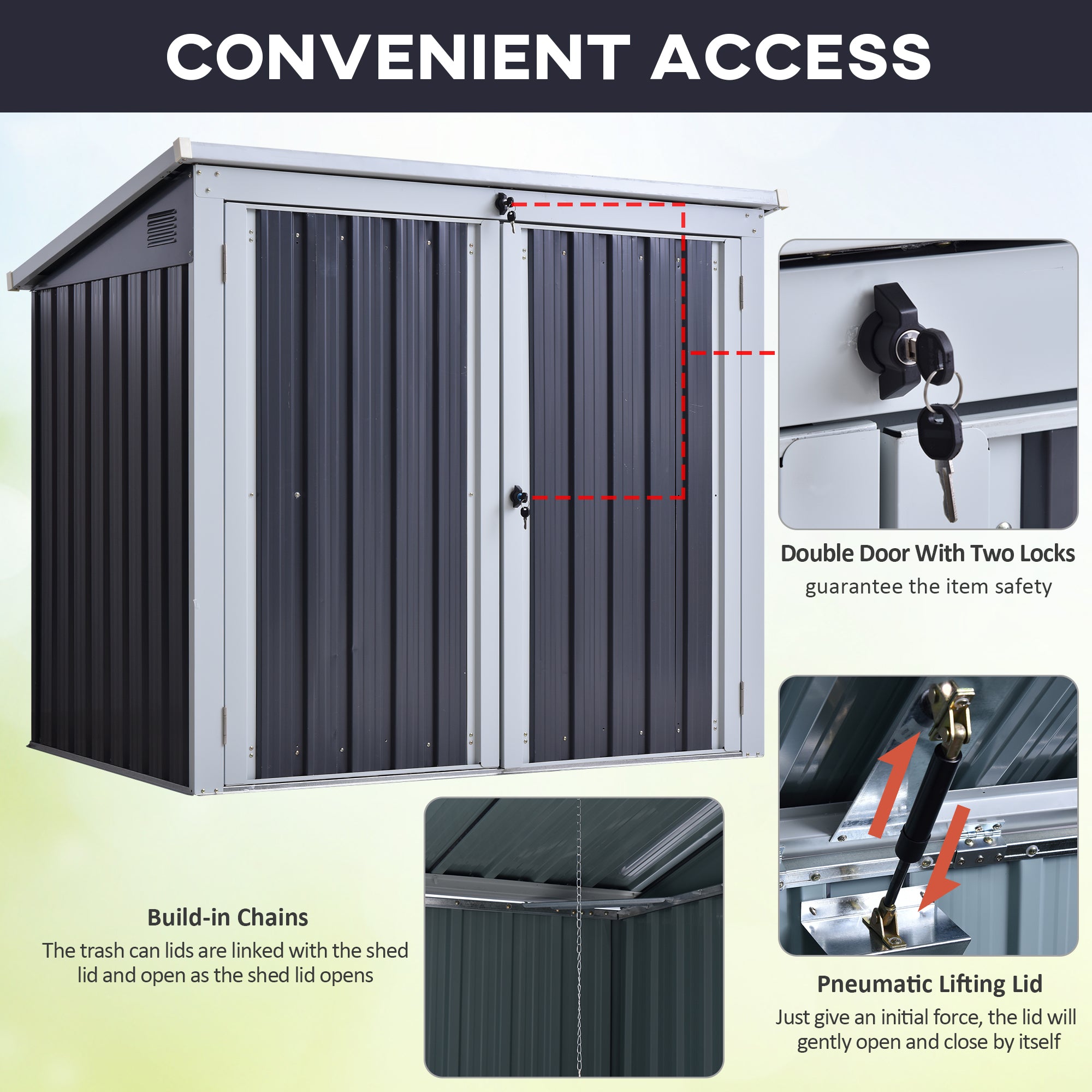 Outsunny 3.2 x 5.1ft Corrugated Steel Two-Bin Storage Shelter - Black - North Peak Garden Furniture