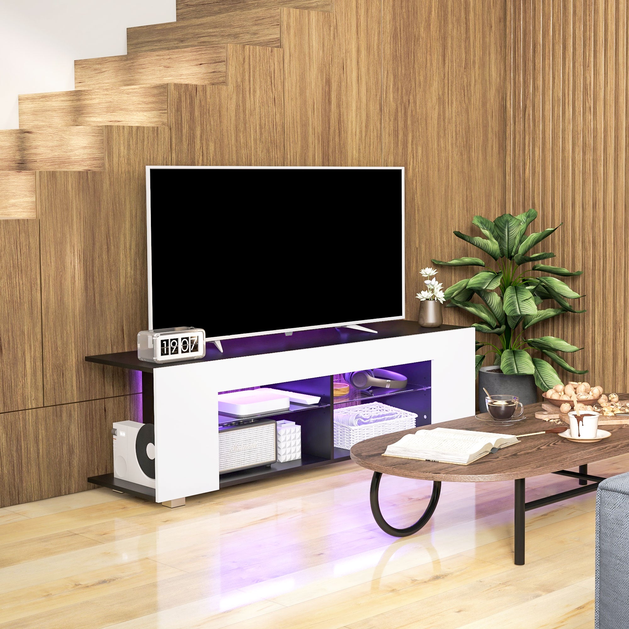 HOMCOM Multi-Shelf TV Cabinet, with Adjustable LED Lights - White - North Peak Garden Furniture