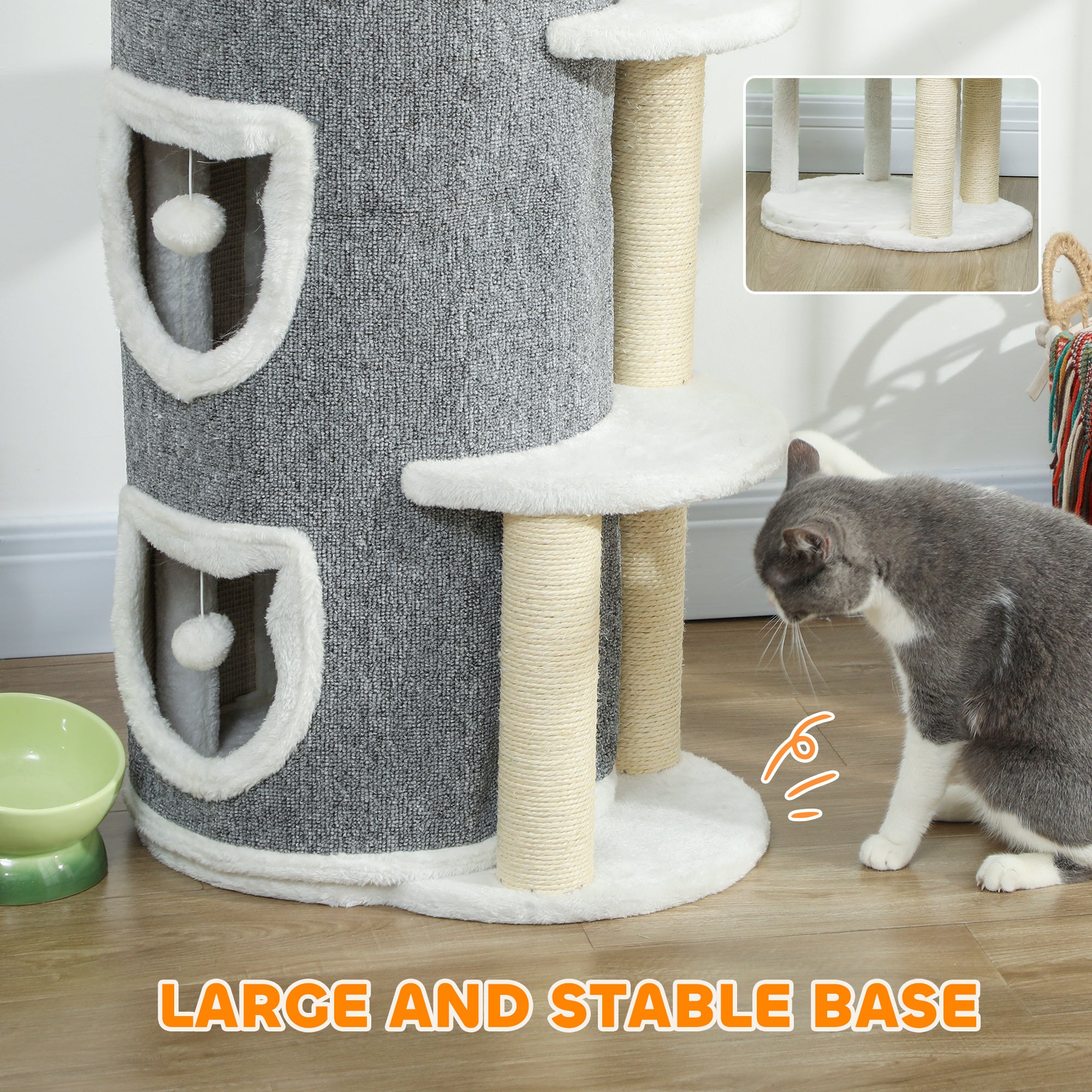 PawHut 101 cm Cat Tree with Sisal Scratching Posts, 3 Barrel Condos, 3 Platforms, for Indoor Cats to Rest and Play