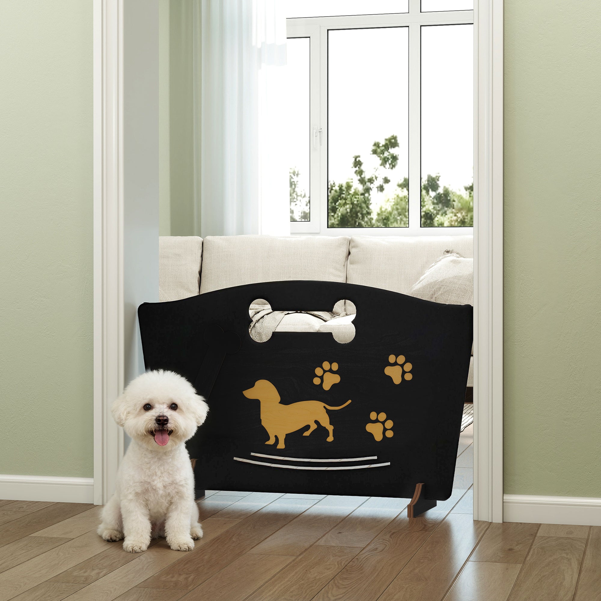 PawHut Wooden Dog Stopper, Dog Barrier with Support Feet, for Stair, Patio, Very Easy Setup, Black, 75 x 51 cm