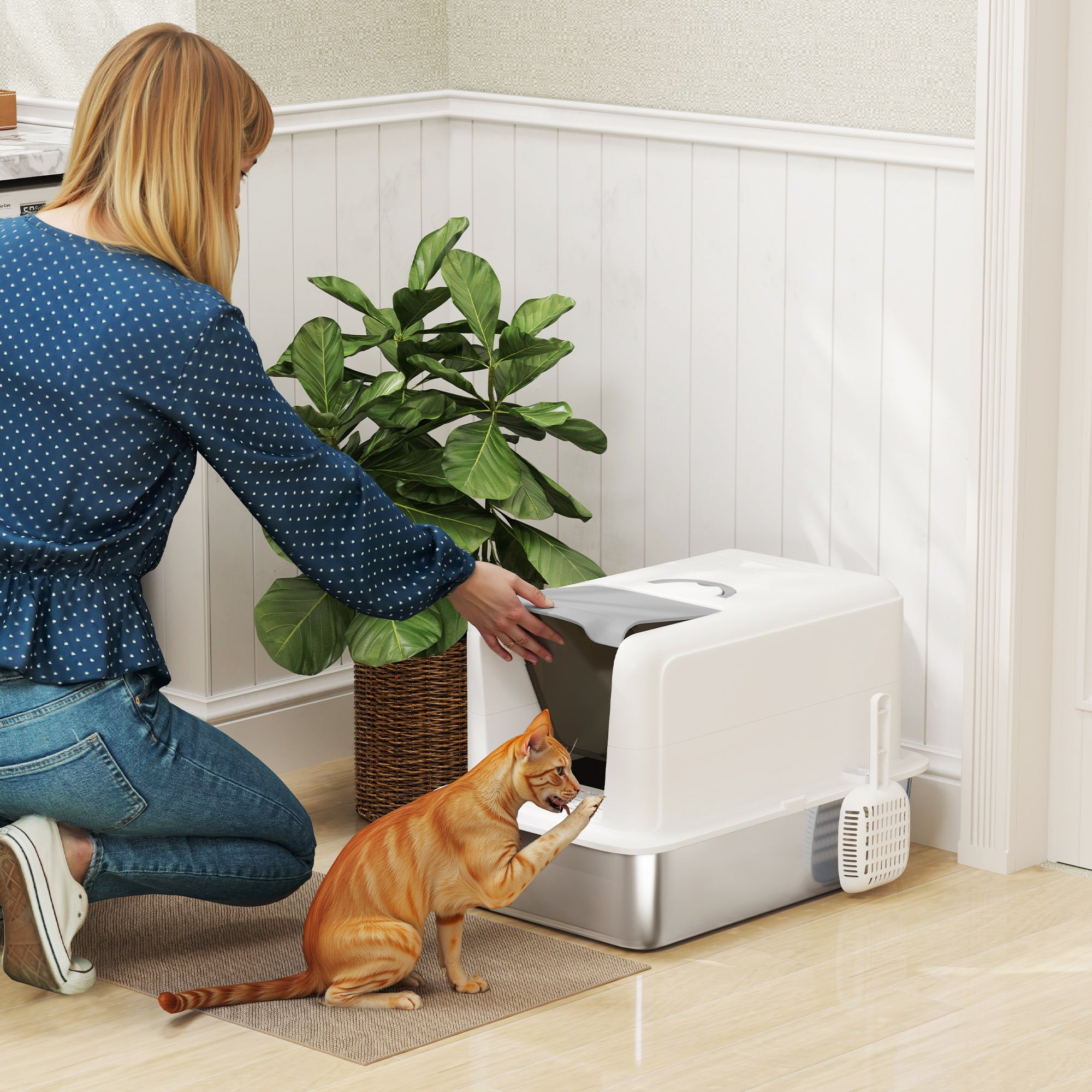 PawHut Stainless Steel Cat Litter Box with Removable Lid, Scoop, Filter Bags, for Larger Cats, White - North Peak Garden Furniture