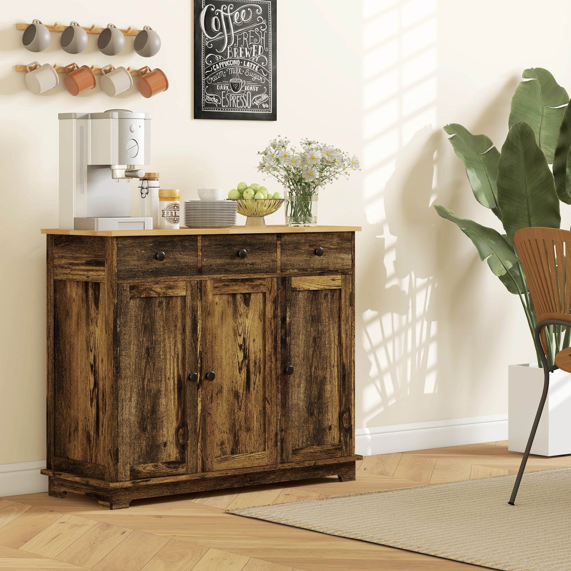 HOMCOM Sideboard with Rubberwood Top and Adjustable Shelves for Dining Room, Kitchen - Rustic Brown - North Peak Garden Furniture