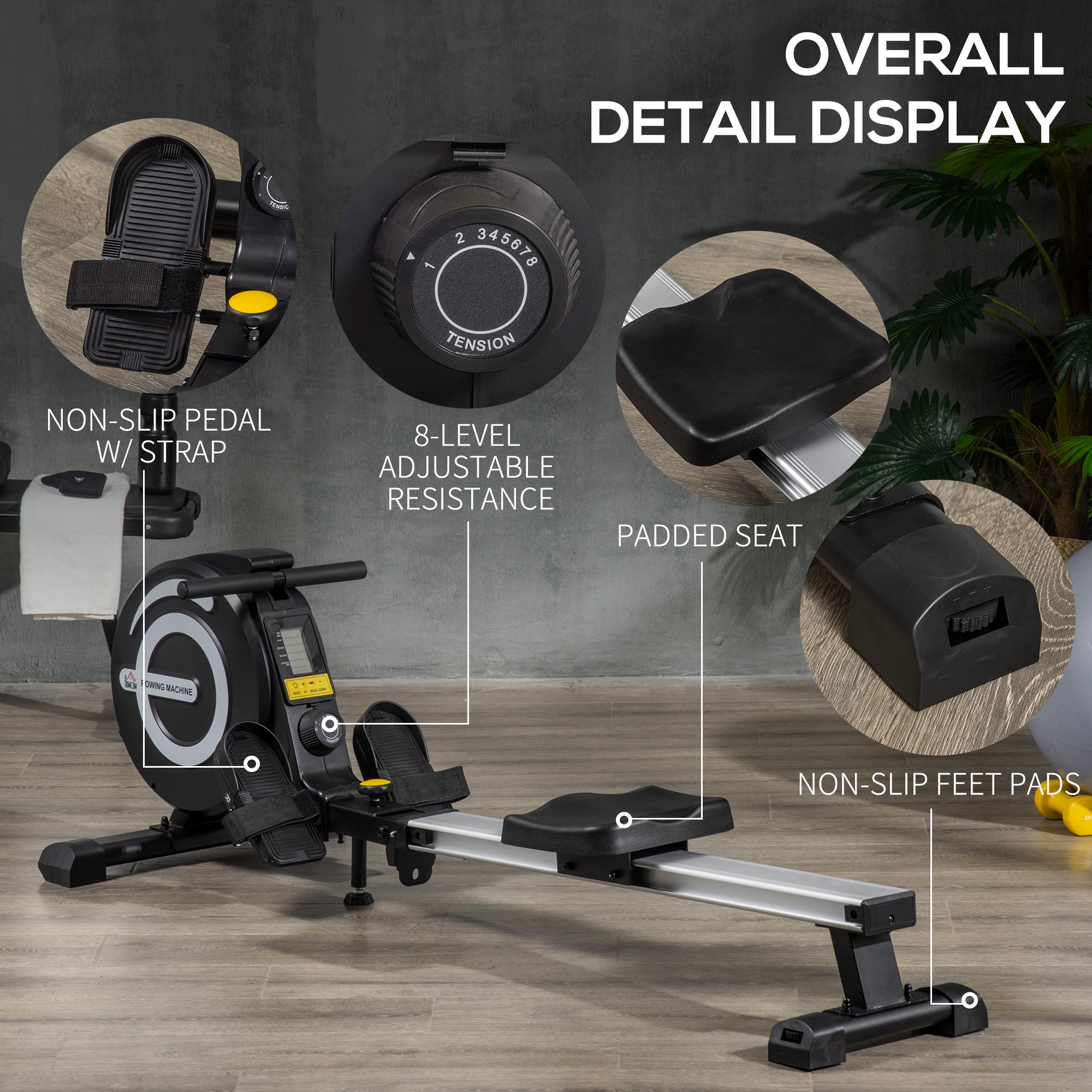 HOMCOM Indoor Body Health & Fitness Adjustable Magnetic Rowing Machine Rower with LCD Digital Monitor & Wheels for Home, Office, Gym - North Peak Garden Furniture