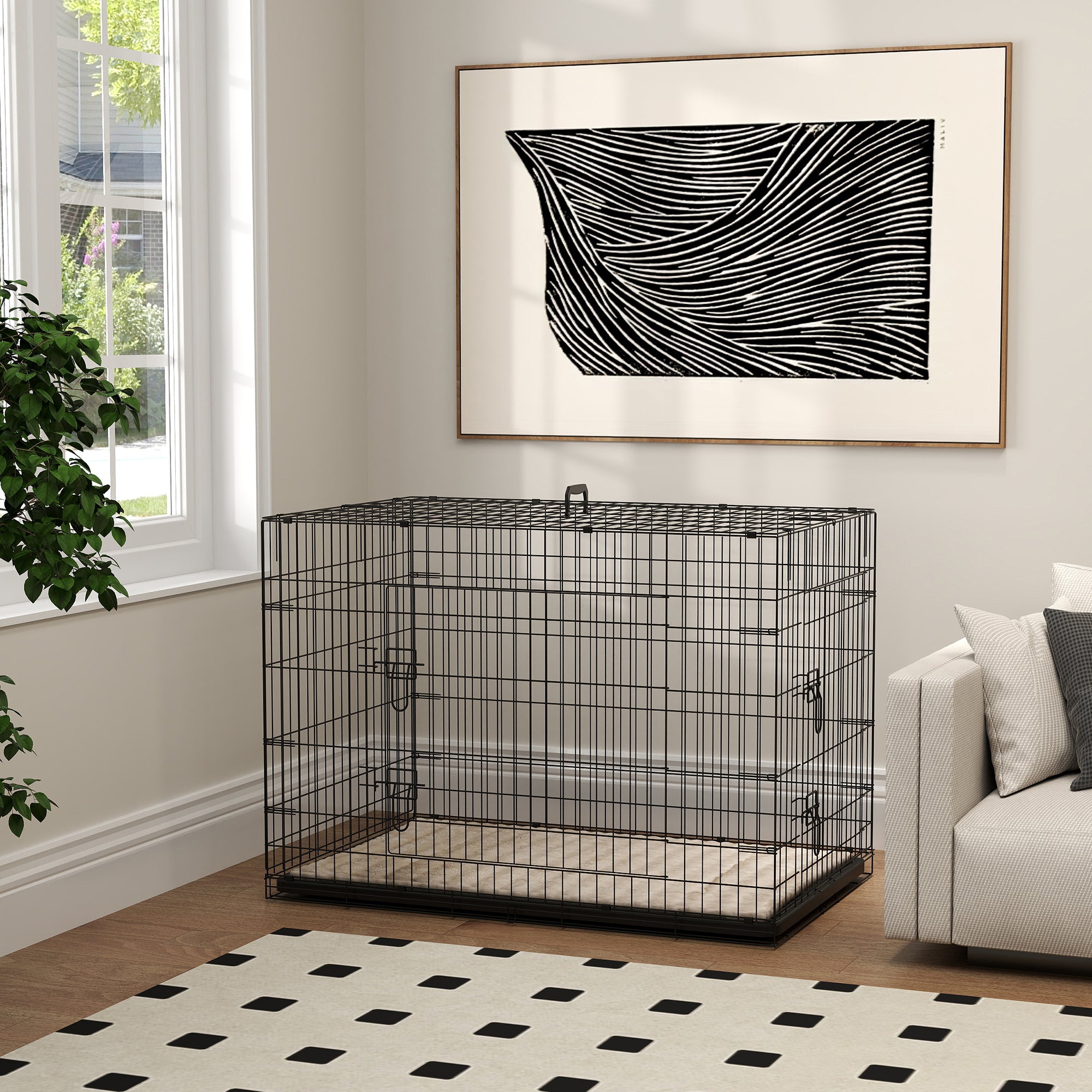 PawHut Dog Crate with 2 Doors with Tray, Soft Cushion, Foldable Metal Dog Cage for Extra and Large Dogs, 105 x 70 x 75, Black - North Peak Garden Furniture