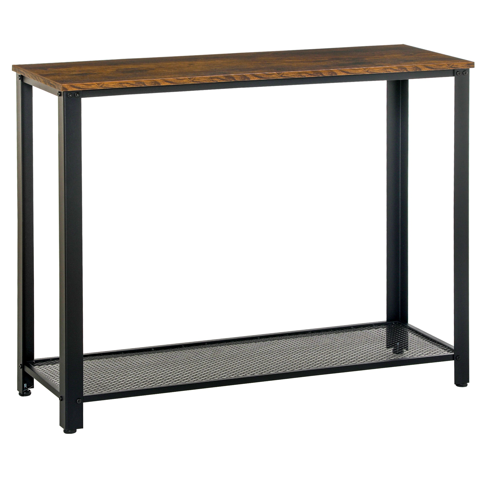 HOMCOM Industrial Console Table，Entryway Table w/Bottom Mesh Shelf Metal Frame Vintage Sofa Table for Hallway, Living Room, Rustic Brown - North Peak Garden Furniture