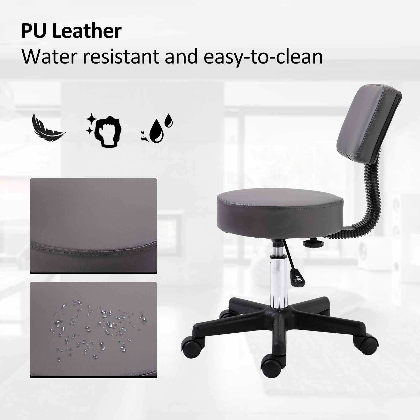 HOMCOM Beautician's Swivel Salon Chair w/ Padded Seat Back 5 Wheels Adjustable Height Salon Hairdressers Tattoo Spa Rolling Cushion Professional 35cm Grey - North Peak Garden Furniture