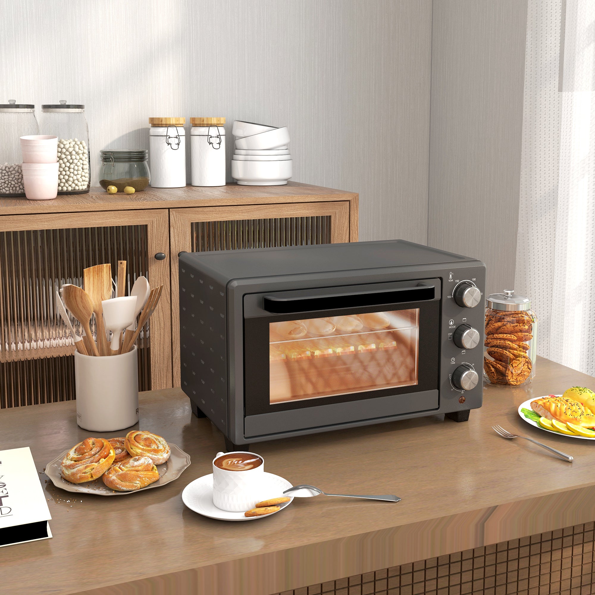 HOMCOM Mini Oven, 21L Countertop Electric Grill, Toaster Oven with Adjustable Temperature, Timer, Baking Tray and Wire Rack, 1400W, Grey - North Peak Garden Furniture