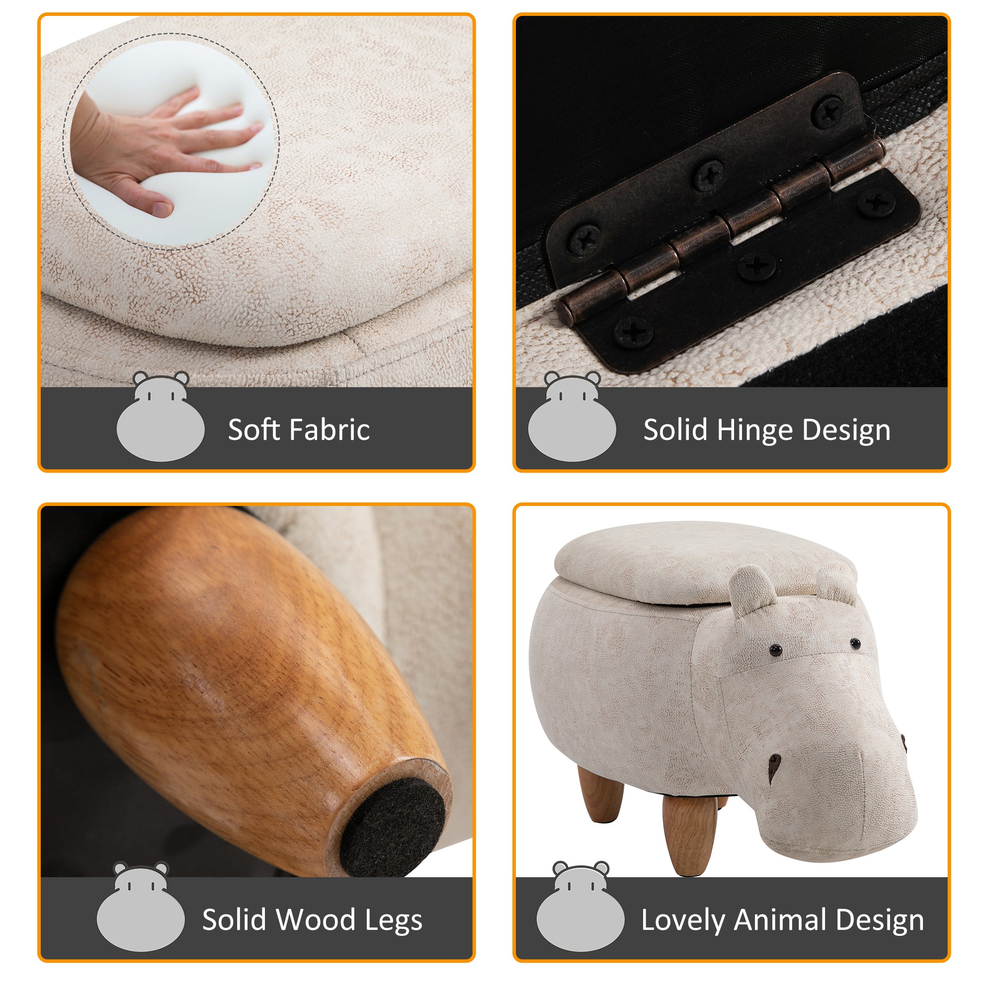 HOMCOM Hippo Storage Stool Cute Decoration Footrest Wood Frame Legs with Padding Lid Ottoman Animal Furniture Cream 36 x 65cm - North Peak Garden Furniture