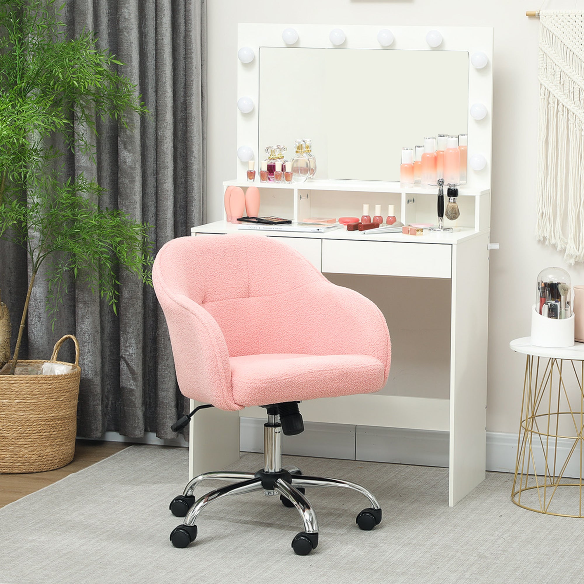 HOMCOM Teddy Fleece Swivel Office Chair - Pink