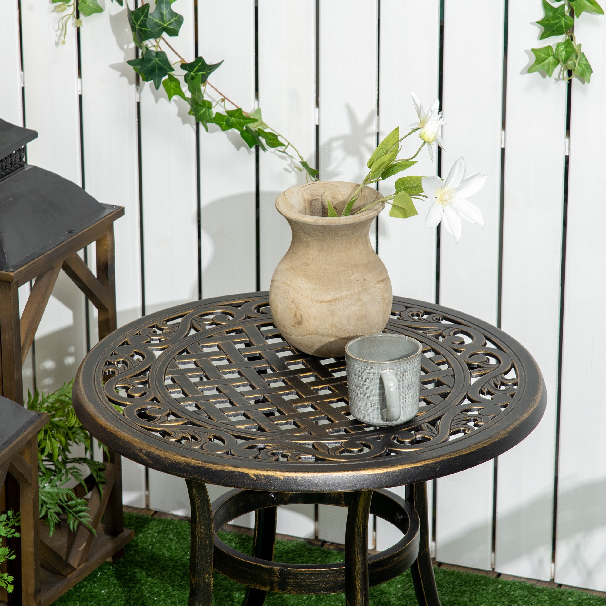 Outsunny 60cm Industrial Side Table, Round Hollow Top Design End Table with Cast Aluminum Frame for Patio, Garden, Balcony, Bronze