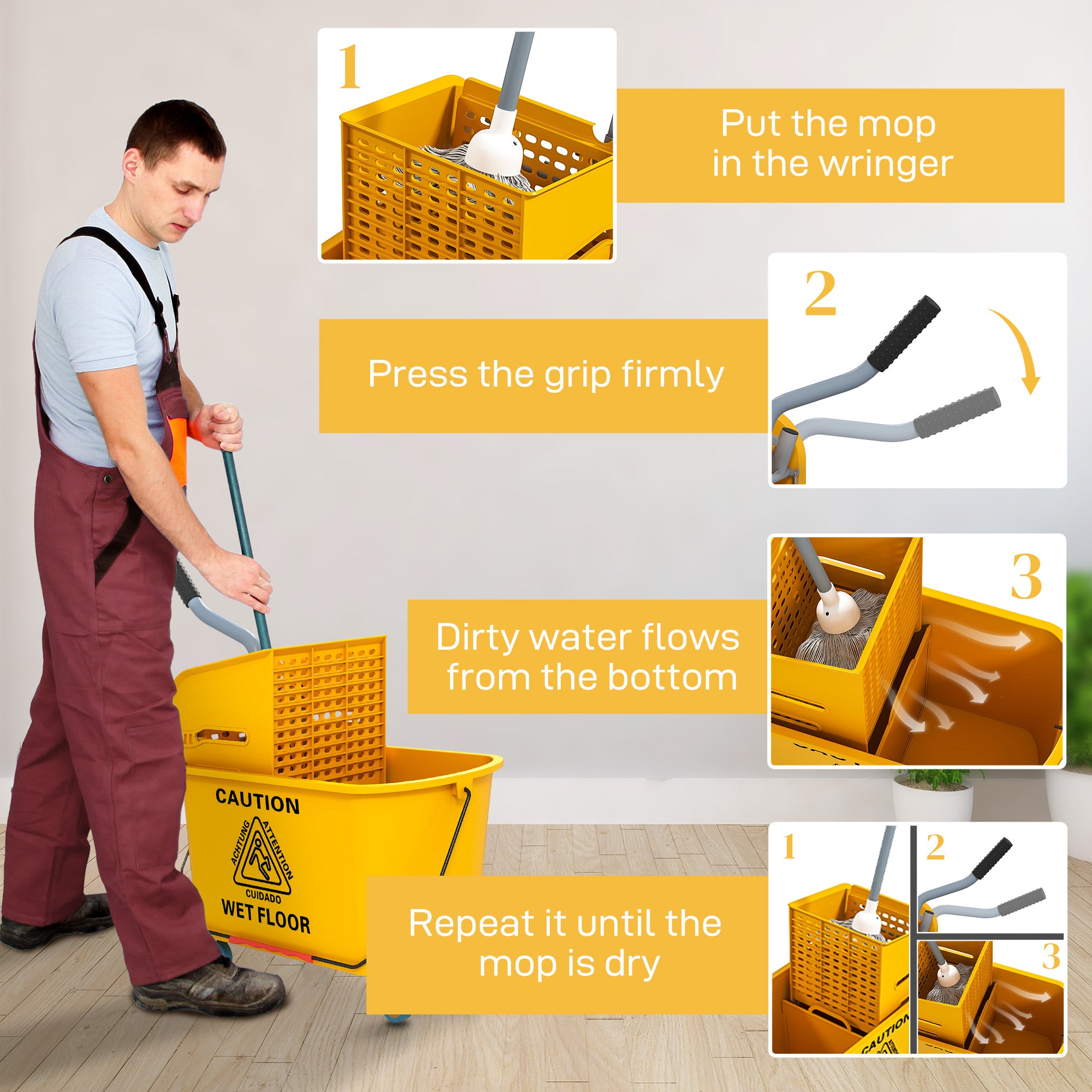 HOMCOM Mop Bucket with Wringer Set on Wheels for Floor Cleaning, 20 Litre Side Press Wringer with Handle and Mop, Yellow - North Peak Garden Furniture