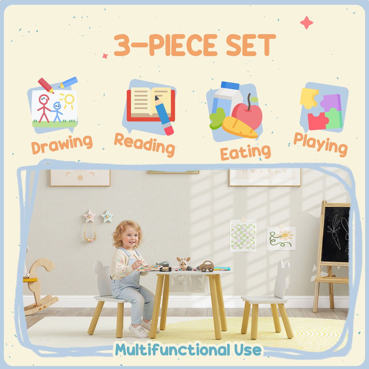 AIYAPLAY 3-Piece Kids Activity Table Set with Centre Mesh Bag, Bear-Shaped Backrest, for Arts and Crafts, Reading, White