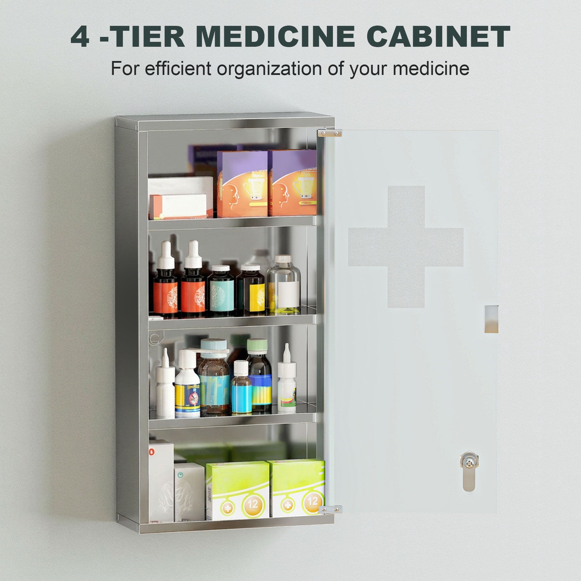 HOMCOM 4 Tier Stainless Steel Wall Mounted Medicine Cabinet Glass Lockable Door Storage Shelves Houseware Bathroom Furniture 60Hx30Wx12D(cm) w/2 Keys