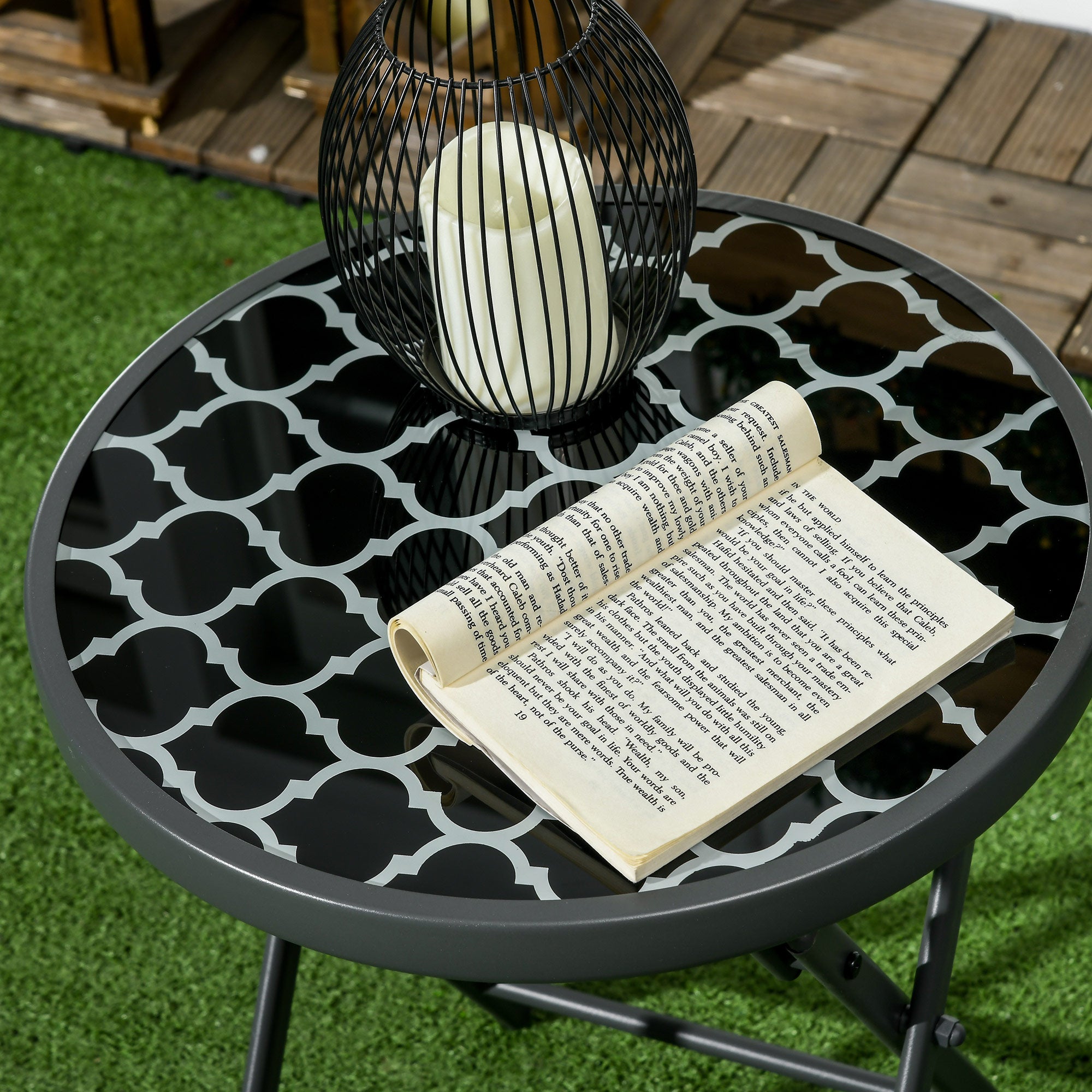 Outsunny Φ45cm Garden Side Table, Outdoor Round Folding Patio Table with Imitation Marble Glass Top, Small Coffee Table, Black and White - North Peak Garden Furniture