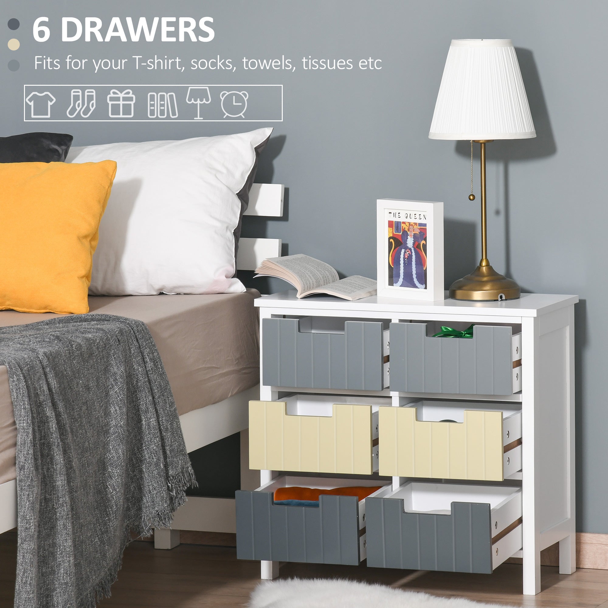 HOMCOM 6 Drawer Storage Tower, Dresser Chest with Wood Top, Organizer Unit for Closets Bedroom Nursery Room Hallway - North Peak Garden Furniture