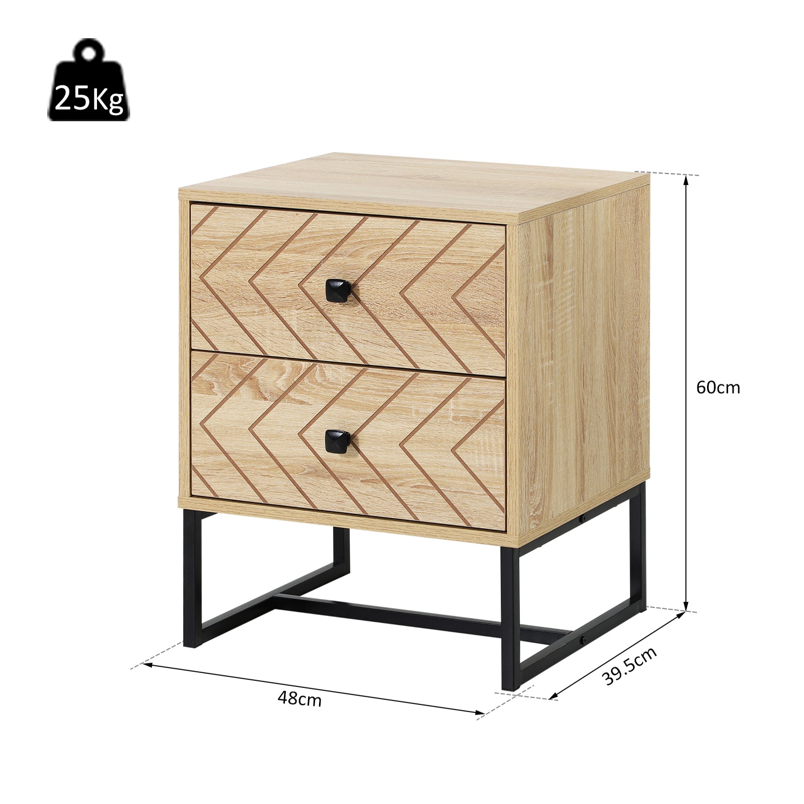 HOMCOM Unique Bedside Cabinet, Two-Drawer Nightstand, Zig Zag Design, Black Metal Handles, Melamine Finish