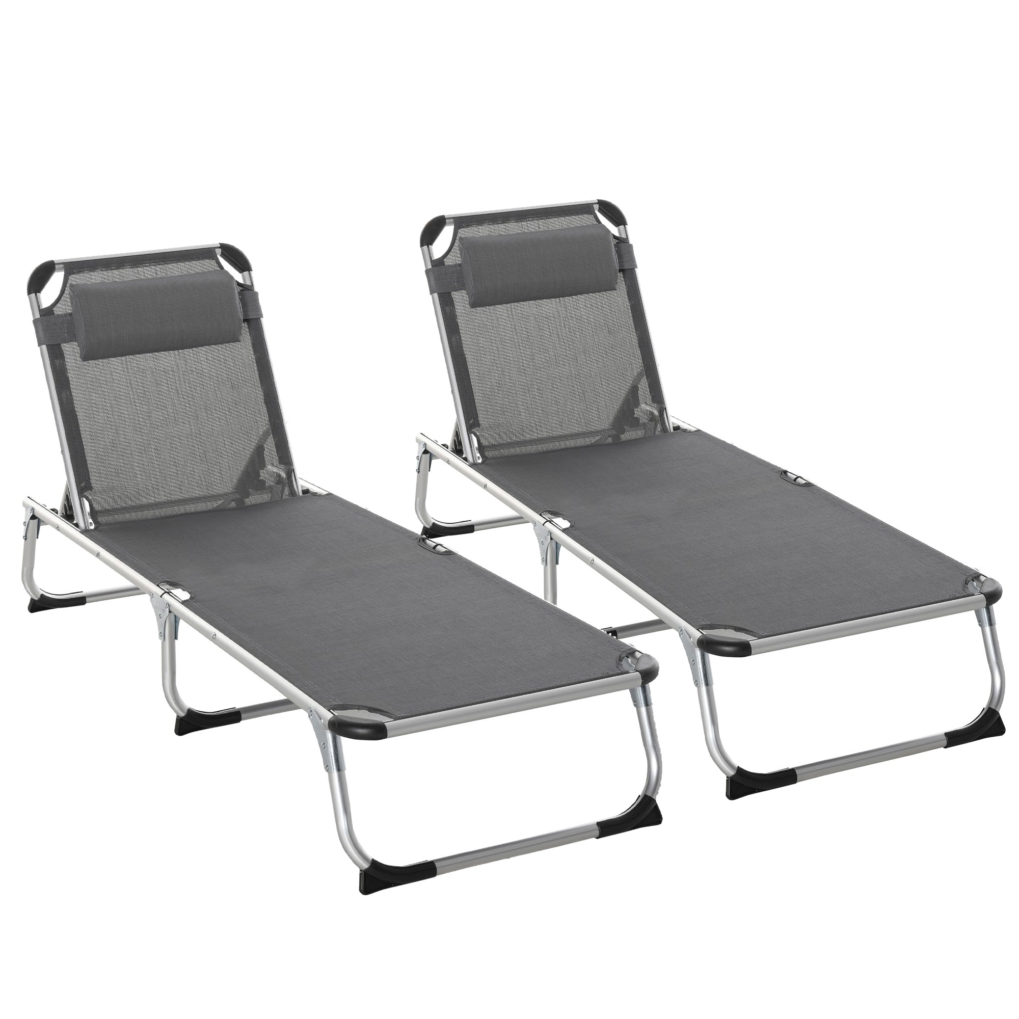 Outsunny 2 Pieces Foldable Outdoor Sun Lounger with Pillow, 5-Level Adjustable Reclining Lounge Chair, Aluminium Frame Camping Bed Cot, Grey