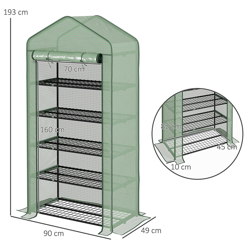 Outsunny 5 Tier Widened Mini Greenhouse with Reinforced PE Cover, Portable Indoor Outdoor Green House with Roll-up Door and Wire Shelves, 193H x 90W x 49Dcm, Green - North Peak Garden Furniture