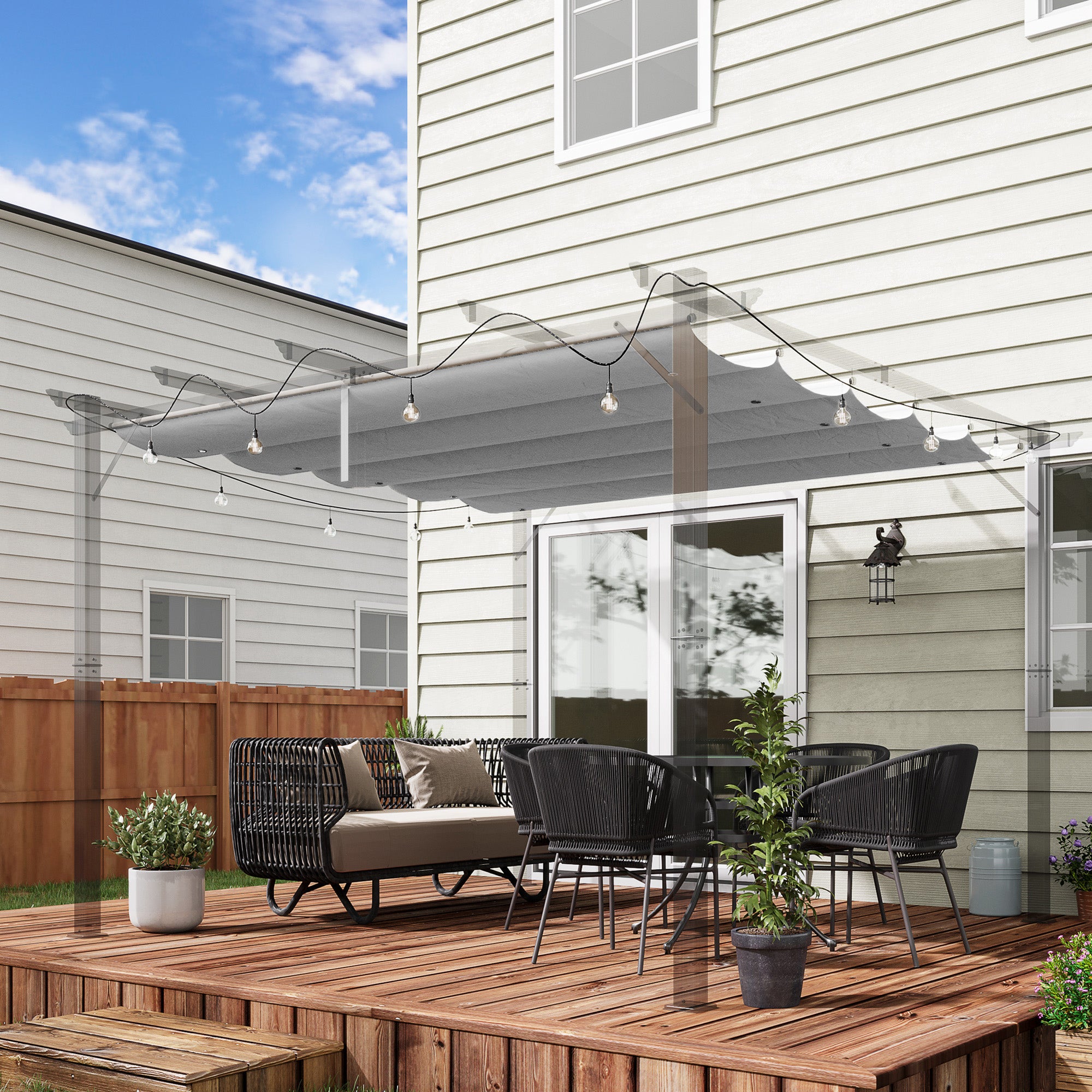 Outsunny Retractable Pergola Shade Cover, Replacement Canopy Fabric for 3 x 3 (m) Pergola, Gazebo Retractable Roof, Light Grey - North Peak Garden Furniture