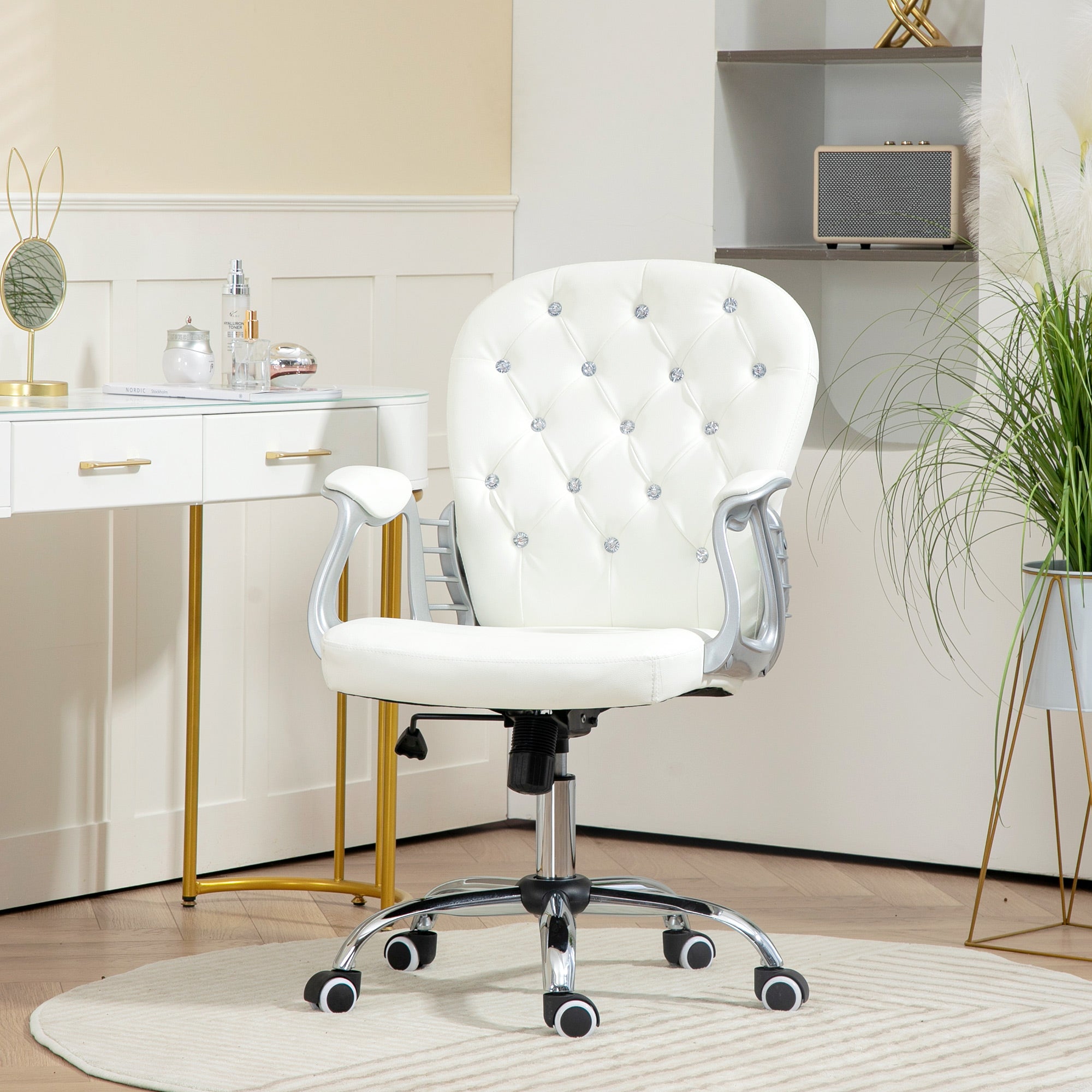 Vinsetto Office Chair Ergonomic 360° Swivel PU Diamante Padded Base 5 Castor Wheels for Home Work White - North Peak Garden Furniture