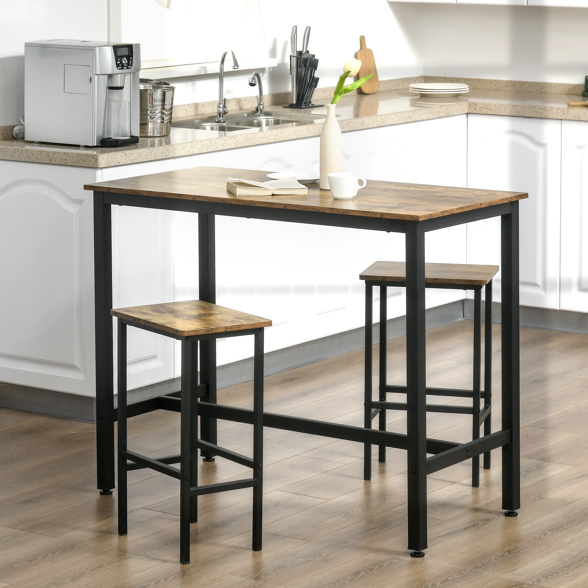 HOMCOM Industrial Bar Stools, Set of 2 Kitchen Breakfast Bar Chairs with Footrest, Counter Height Island Stools for Dining Area, Home Pub, Rustic Brown - North Peak Garden Furniture