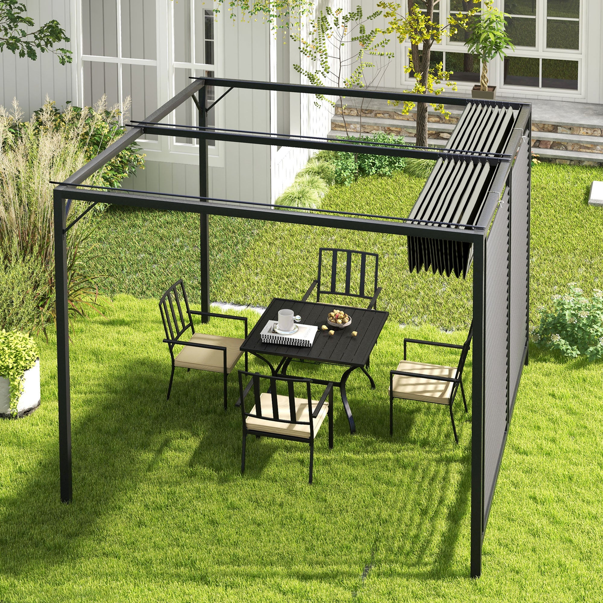 Outsunny 3 x 2.8m Metal Pergola, with Retractable Fabric Roof - Grey - North Peak Garden Furniture
