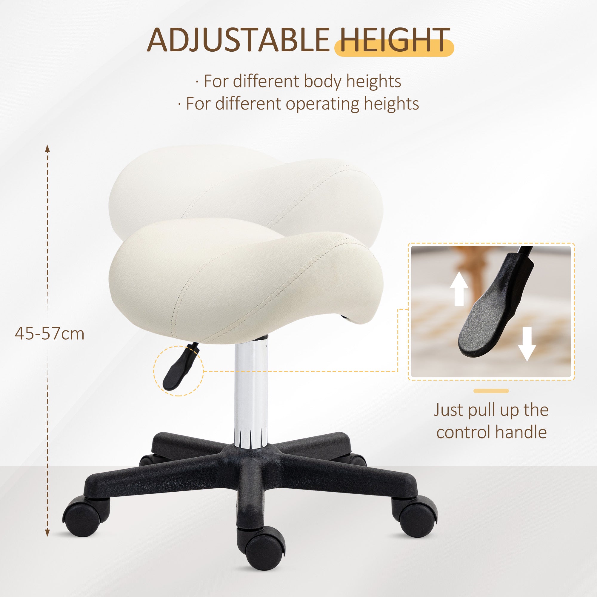 HOMCOM Saddle Stool, PU Leather Adjustable Rolling Salon Chair with Steel Frame for Massage, Spa, Beauty and Tattoo, White - North Peak Garden Furniture