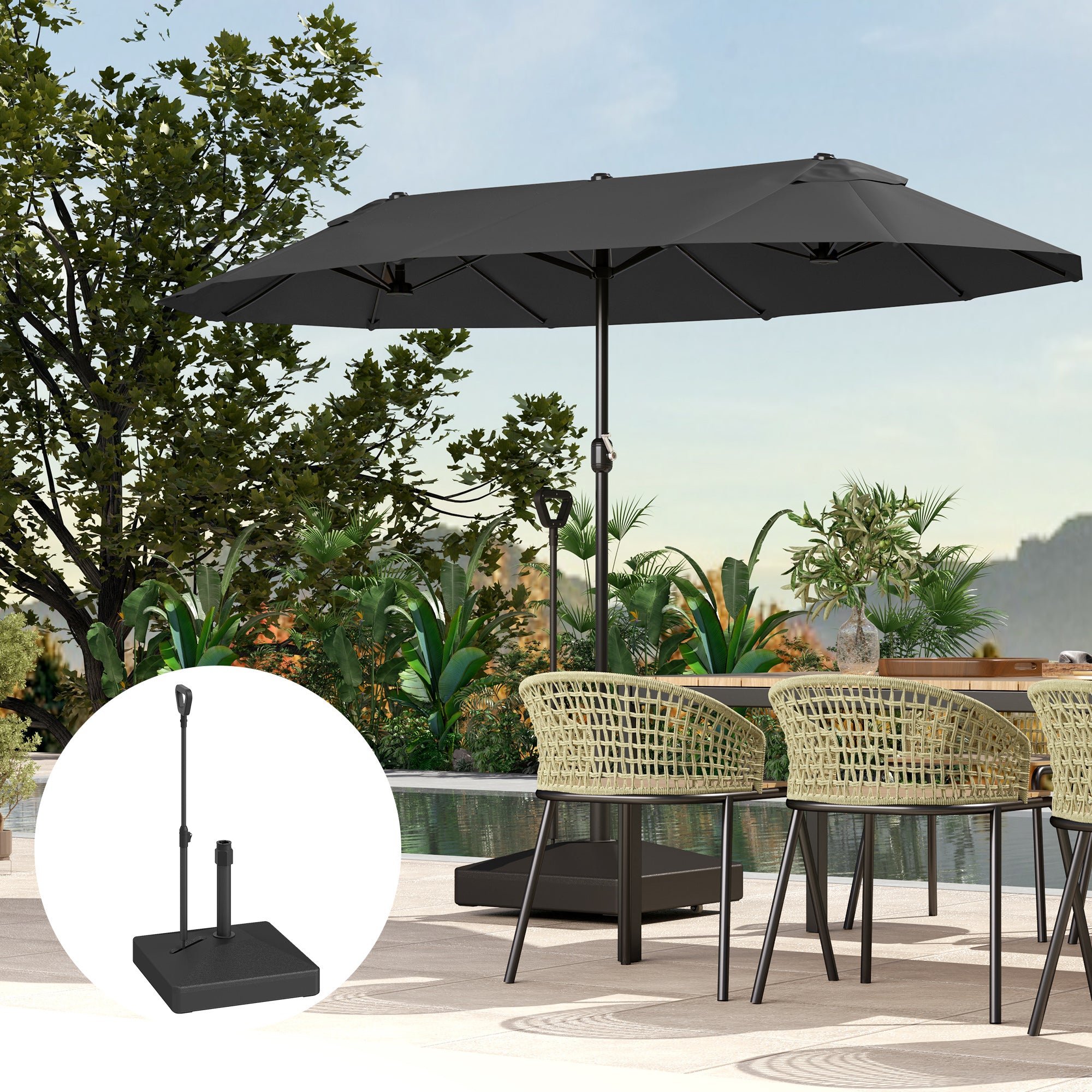 Outsunny Garden Parasol Base with Adjustable Wheels and Handle, Garden Sun Umbrella Base Parasol Stand, Filled Up to 55kg with Stand, 45kg with Water for 35, 38, 48 mm Poles, Black - North Peak Garden Furniture