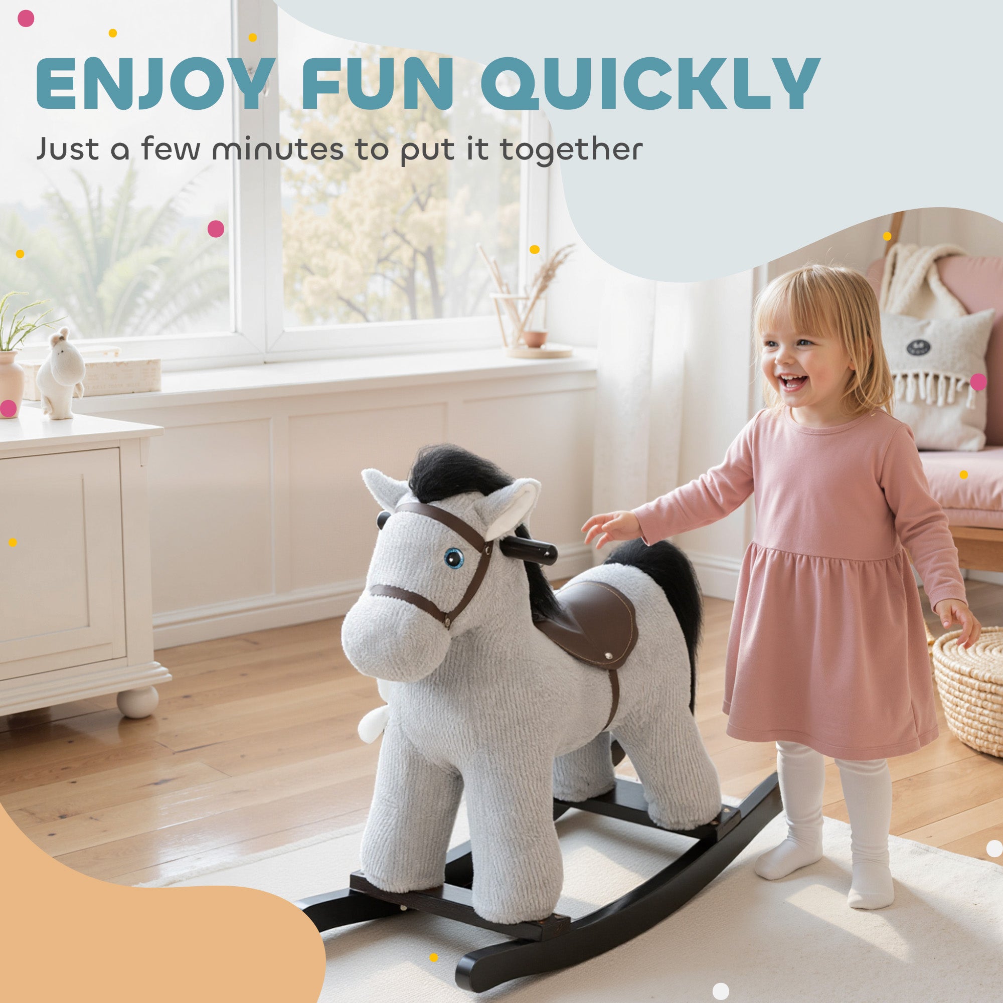 AIYAPLAY Baby Rocking Horse, Plush Ride on Toy with Handle Grip, Sound and Doll, Toddler Animal Rocker for Kids Aged 2–5, Grey