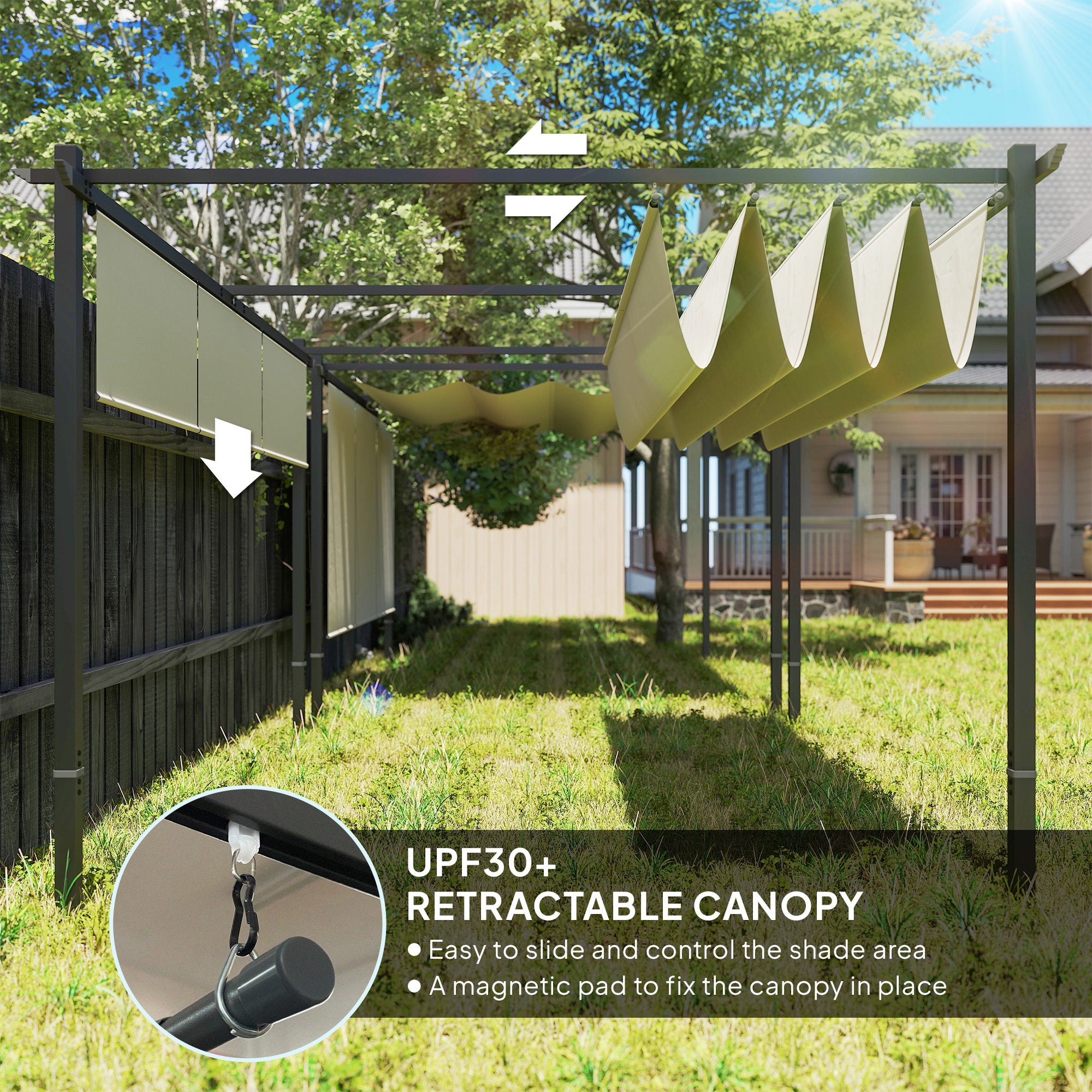 Outsunny 3 x 4m Metal Pergola with Retractable Roof and Roller Shade, Wall-Mounted or Free Standing Garden Gazebo Canopy Pergola Kit, UPF30+ Outdoor Sun Shade Shelter, Beige - North Peak Garden Furniture