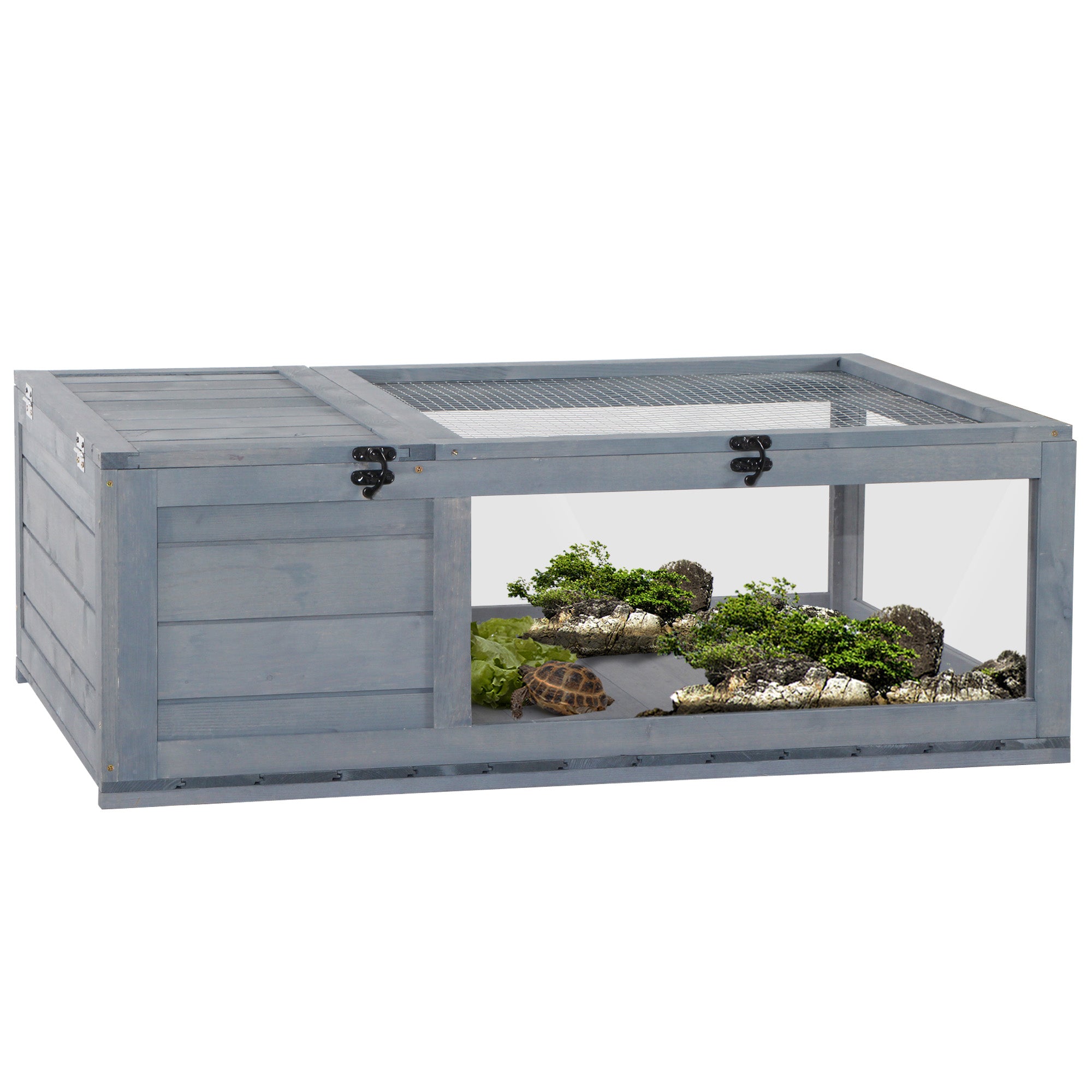PawHut Tortoise House, Small Reptile Wooden House, with Mesh Roofs, Side Panels, for Turtles, Lizards, Geckos and Snakes - North Peak Garden Furniture