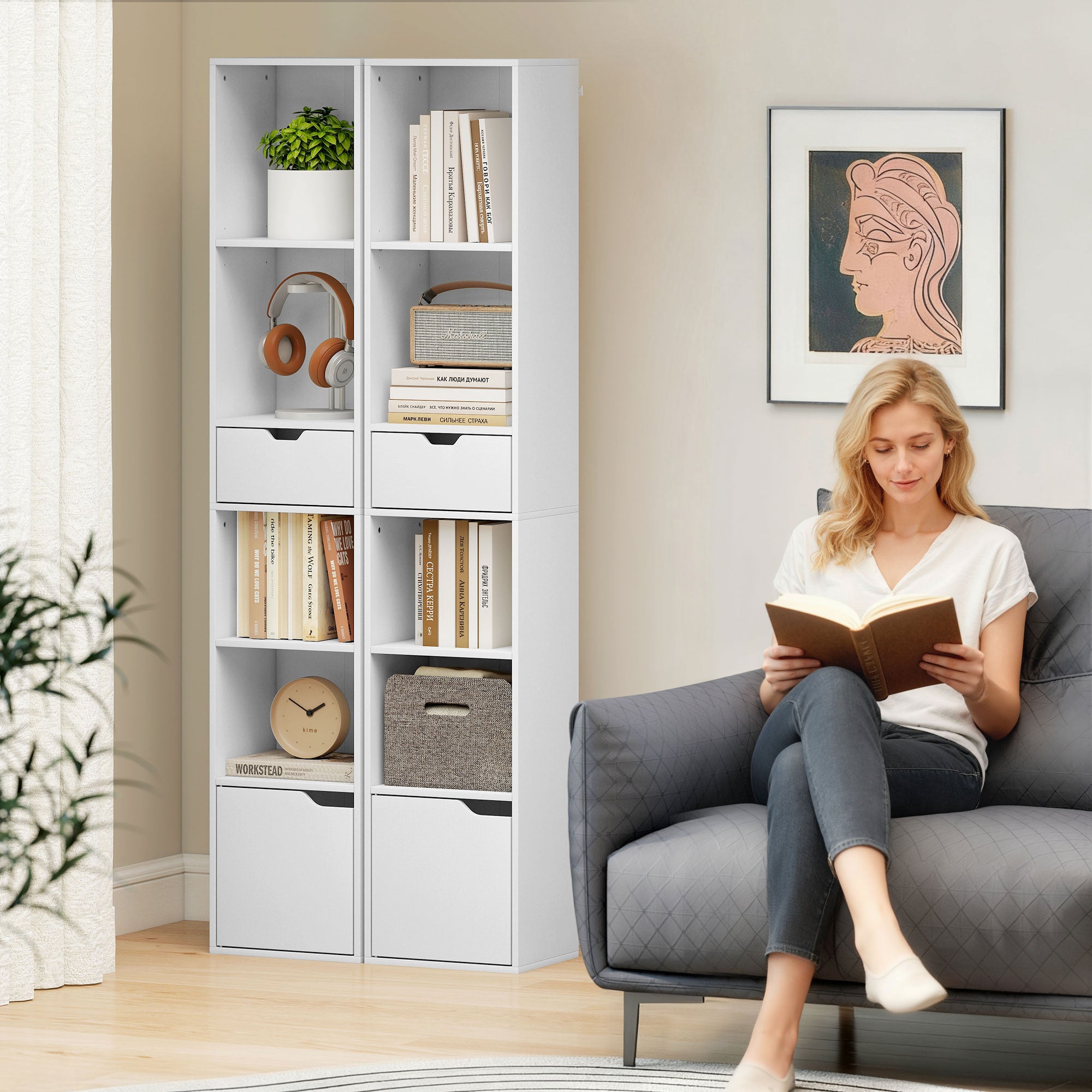 HOMCOM 6-Tier Bookcase, Tall Narrow Bookshelf with Drawer and Door - White