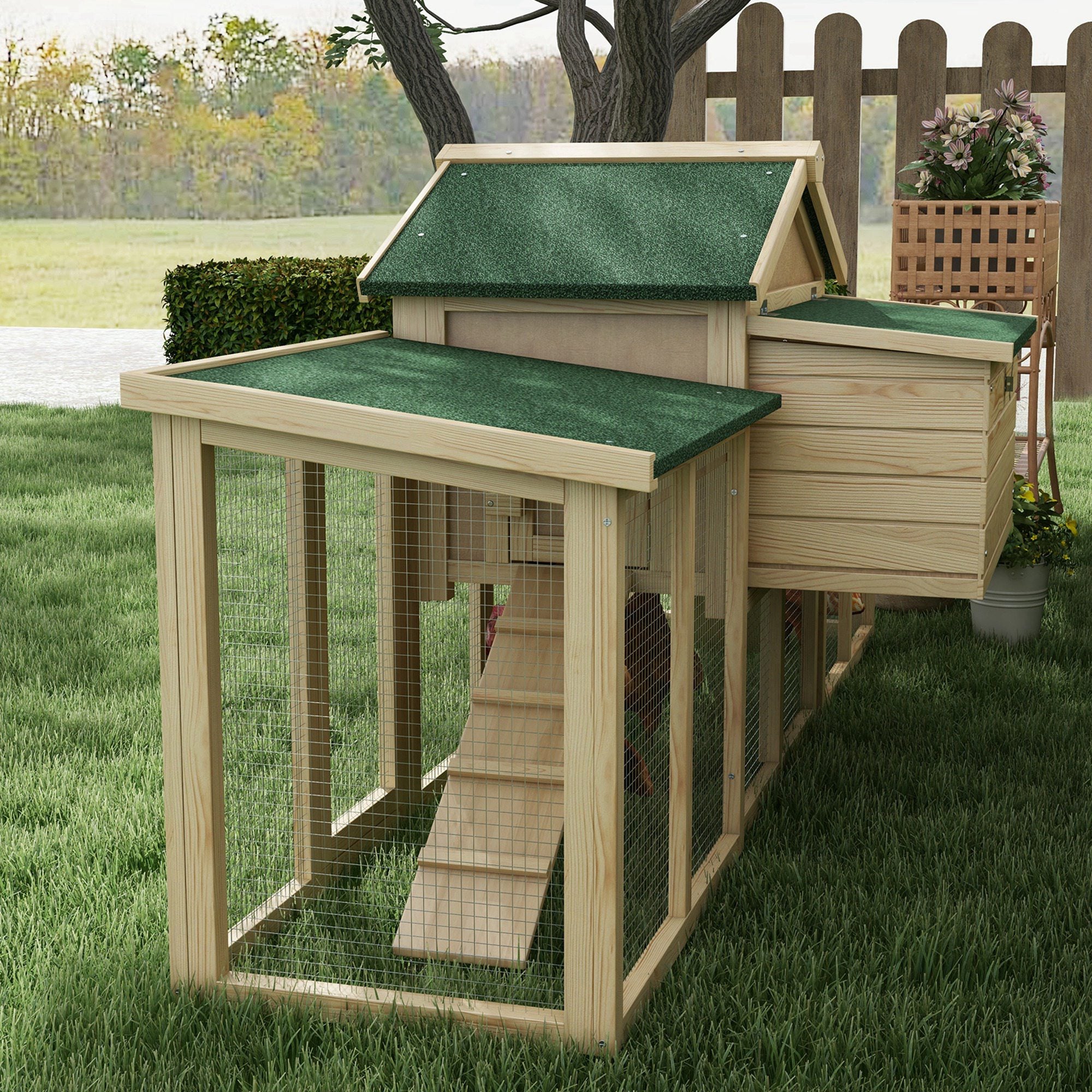 PawHut Large Chicken Coop with Run Backyard Hen House Poultry Coops Cages with Nesting Box Wooden 204 x 85 x 93cm - North Peak Garden Furniture