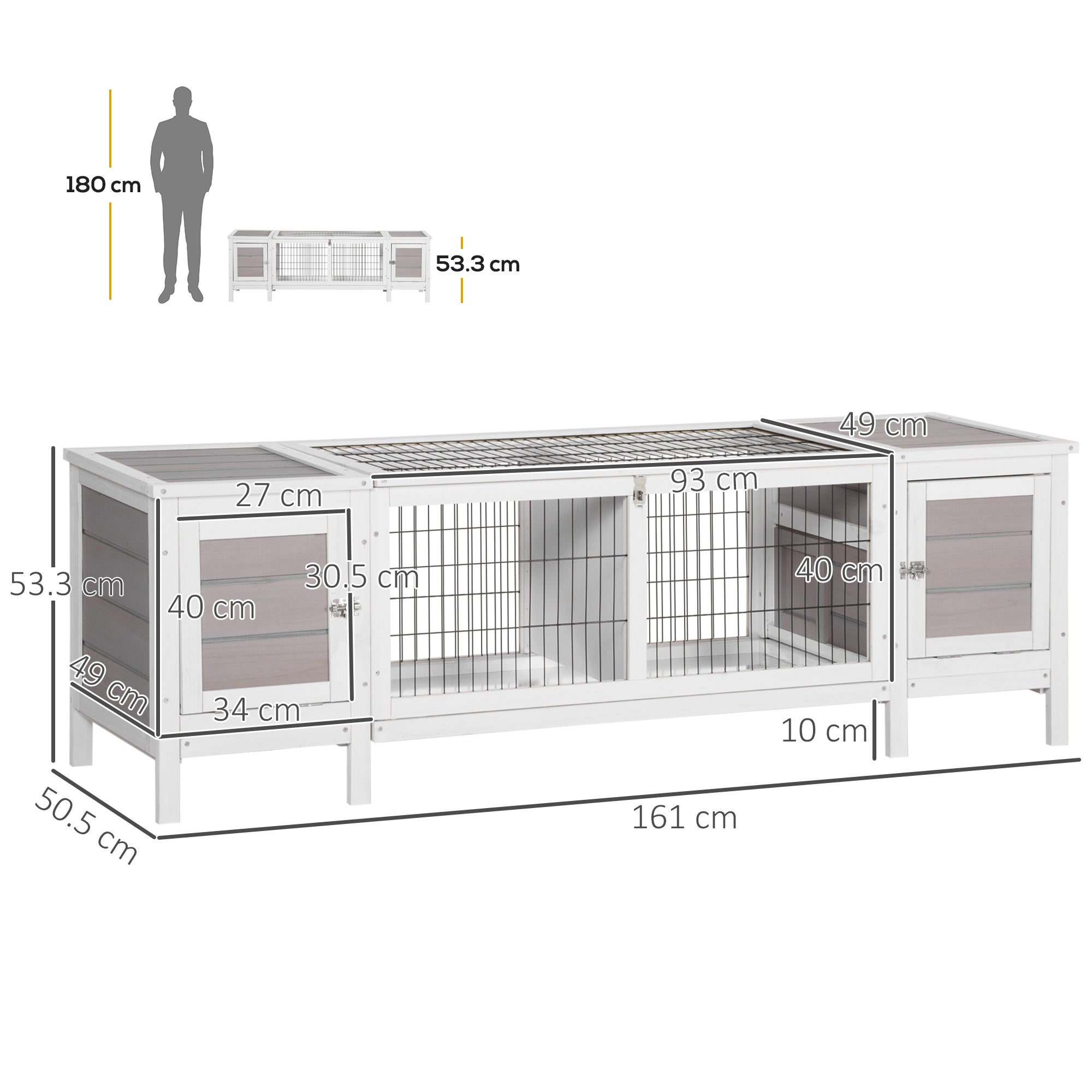 PawHut Rabbit Hutch and Run, with Removable Tray - Grey