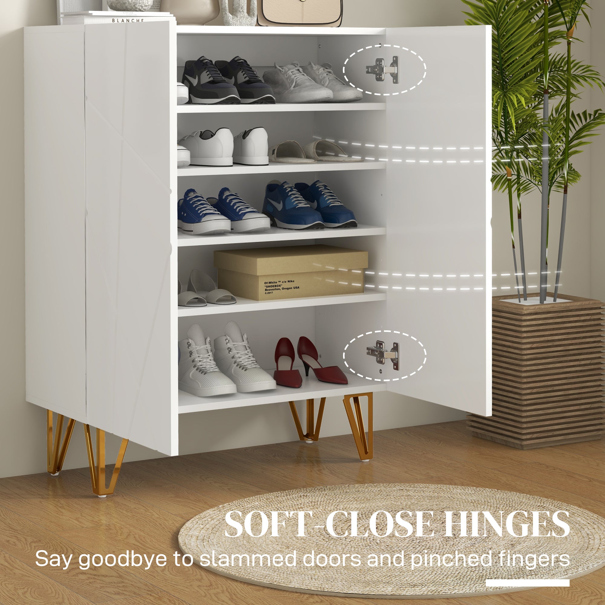HOMCOM Narrow Shoe Storage Cabinet with Soft-Close Hinges and Adjustable Shelves for 15-20 Pairs of Shoes, White - North Peak Garden Furniture
