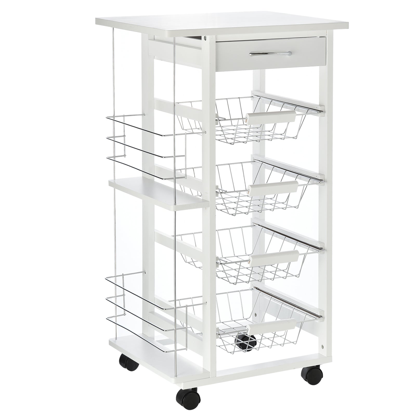 HOMCOM Rolling Kitchen Cart, Utility Storage Cart with 4 Basket Drawers & Side Racks, Wheels for Dining Room, White - North Peak Garden Furniture